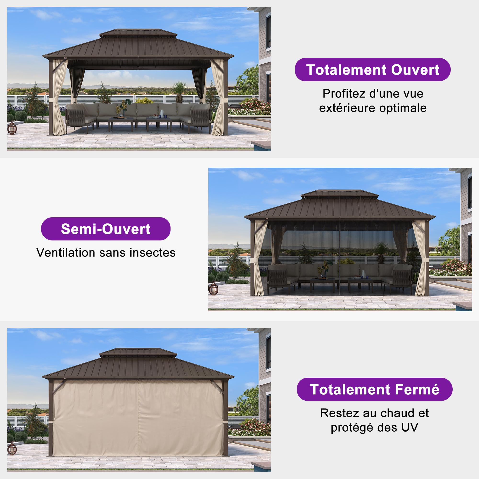 PURPLE LEAF Pergola Toit Rigide Acier Galvanisé 4,85 x 3,65 m Éclairage Intégré Rideaux Aluminium Bronze