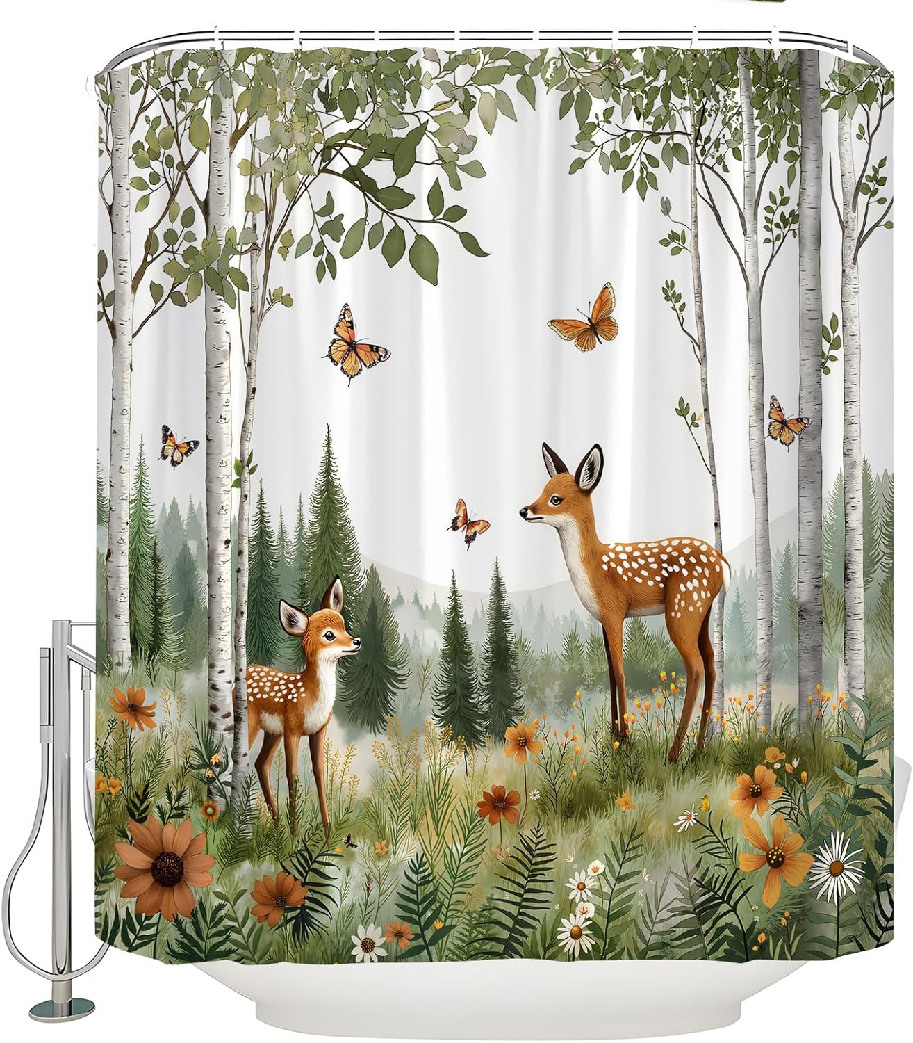 Rustic Forest Animal Shower Curtain Green Birch Tree Cabin Deer Floral Plant Wildlife Watercolor Nature Scenery Farmhouse Fabric Bath Curtain with Hook,70x78IN