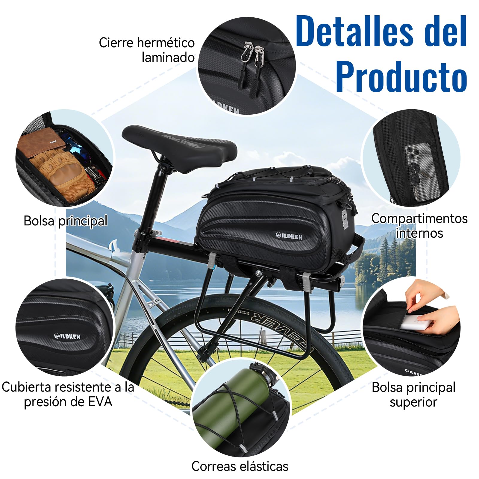 WILDKEN 12L Bolsa Bicicleta para Portaequipajes, EVA Reflectantes Alforjas Bicicleta Impermeable, con Asa y Correa Negro Bolsa para Bicicletas, Bolsa Trasera Bicicletas para Bicicletas MTB Carretera