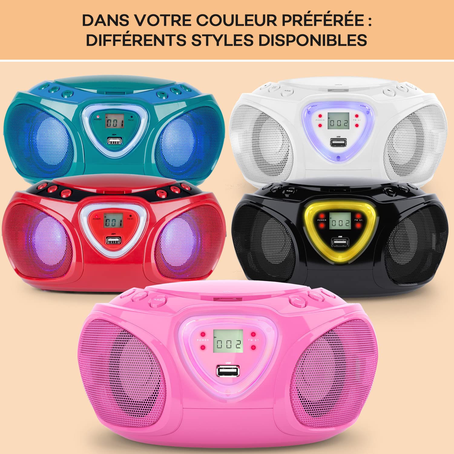 Auna Roadie - Radio-CD , Chaîne stéréo , Boombox , Lecteur CD , Port USB , MP3 , Tuner radio AM/FM , Bluetooth 2.1/EDR , Entrée RCA-AUX-jack 3,5 mm , Éclairage LED multicolore , 2x1,5W (RMS) , Rose