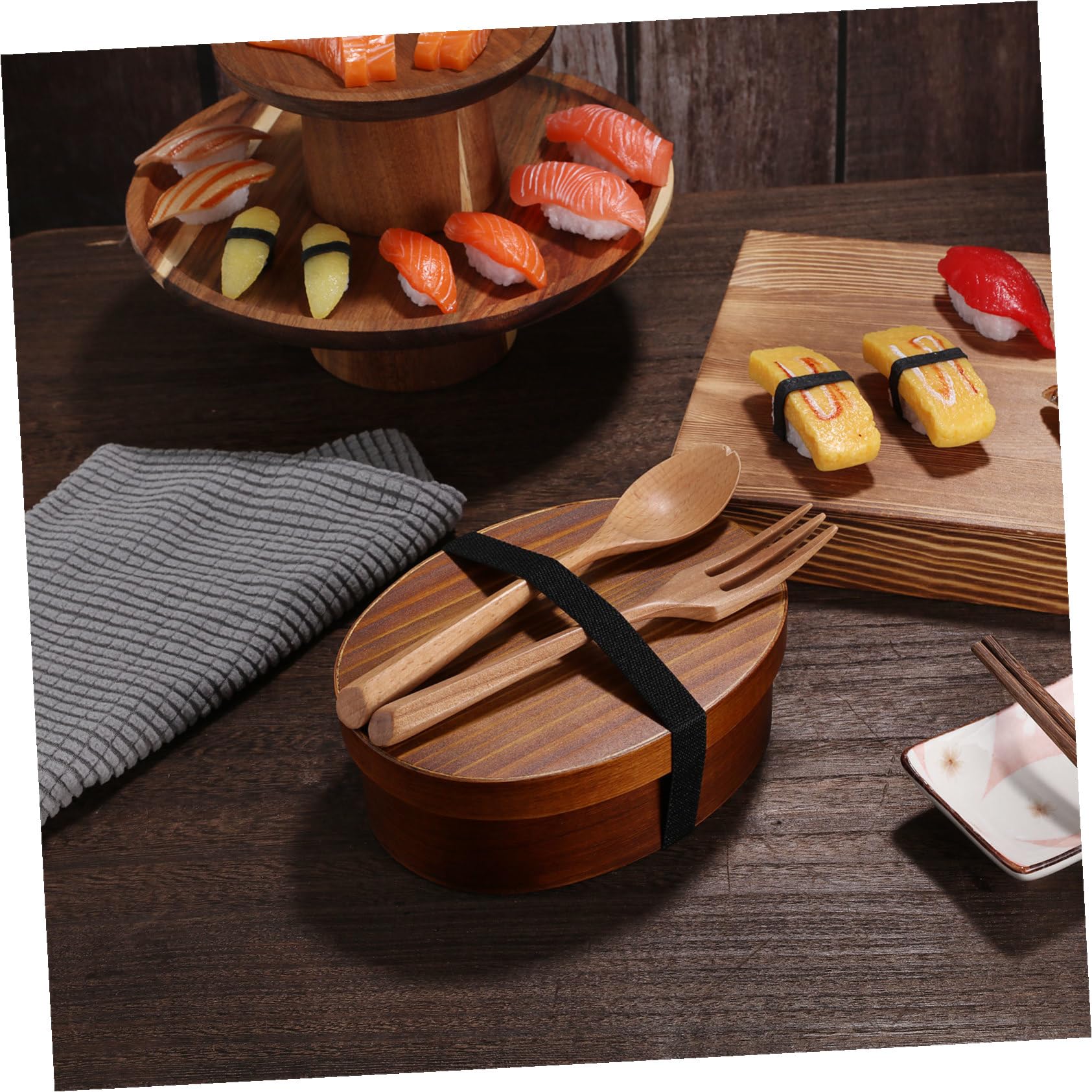 Boîte à Bento Élastique en Bois 800ml Ronde Style Japonerie Rétro Facile à Transporter pour Repas Nomades