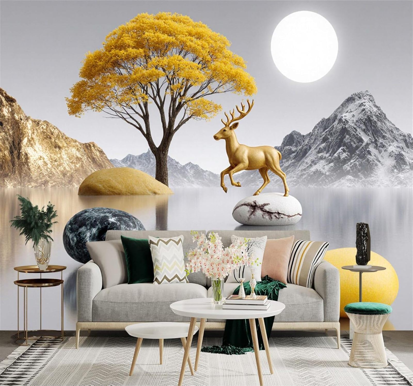 XLMING Golden Deer Yellow Trees Mountains Moonlight Lakes 3D Wallpaper Premium Textured Silk Study Dining Living Room Bedroom Sofa TV Wall Easy Install-400cm×280cm