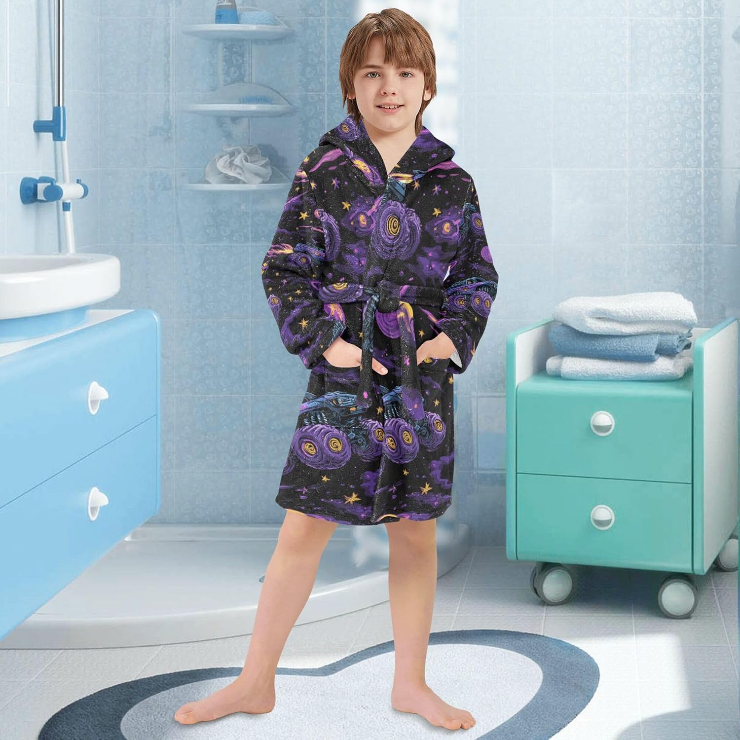 Monster Truck Car Galaxy Space Bathrobe Hooded PJ Robe Soft Fleece Robe Pajama Sleepwears 2-12 Years