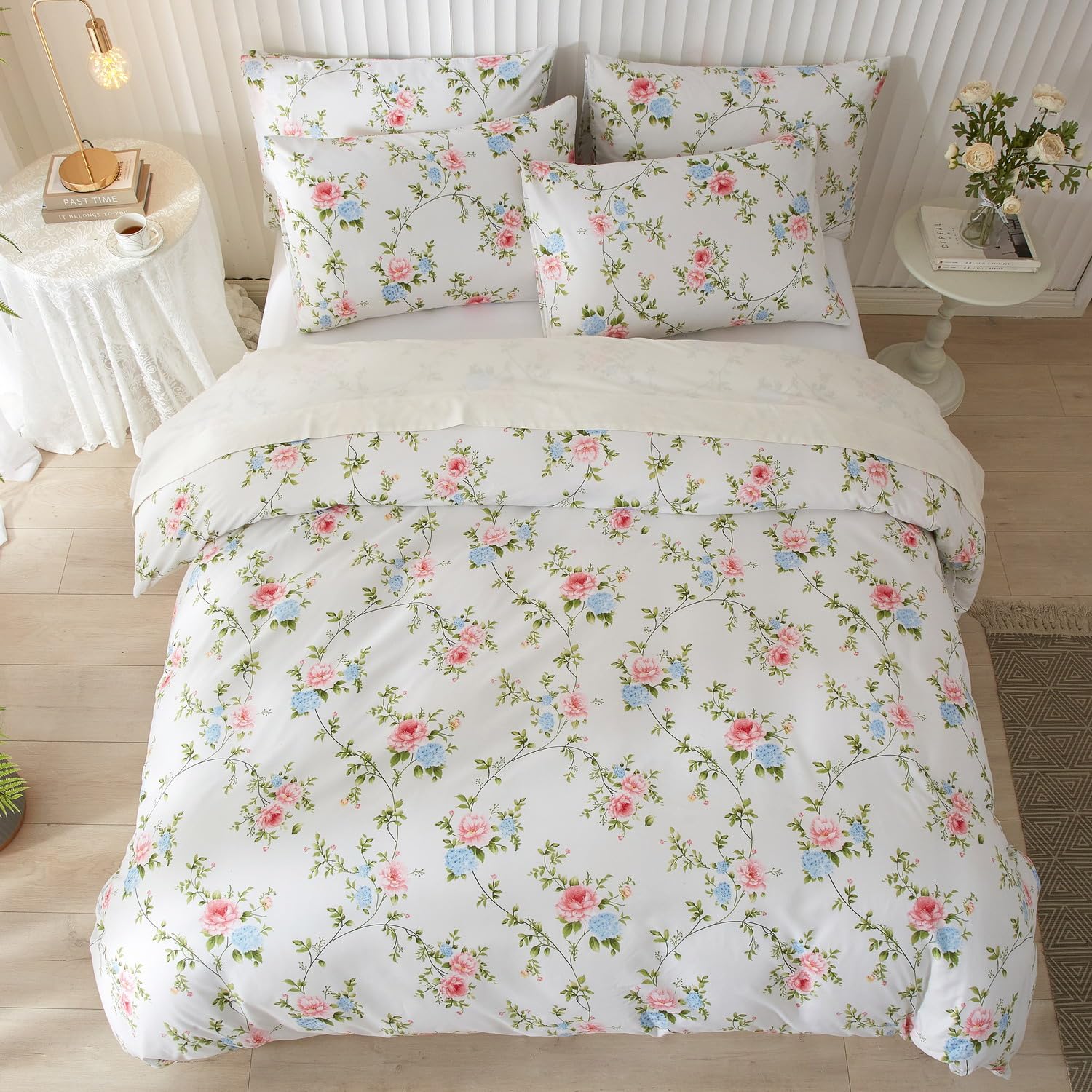 Elegante biancheria da letto con fiori rosa chiaro, 135 x 200 cm, in
