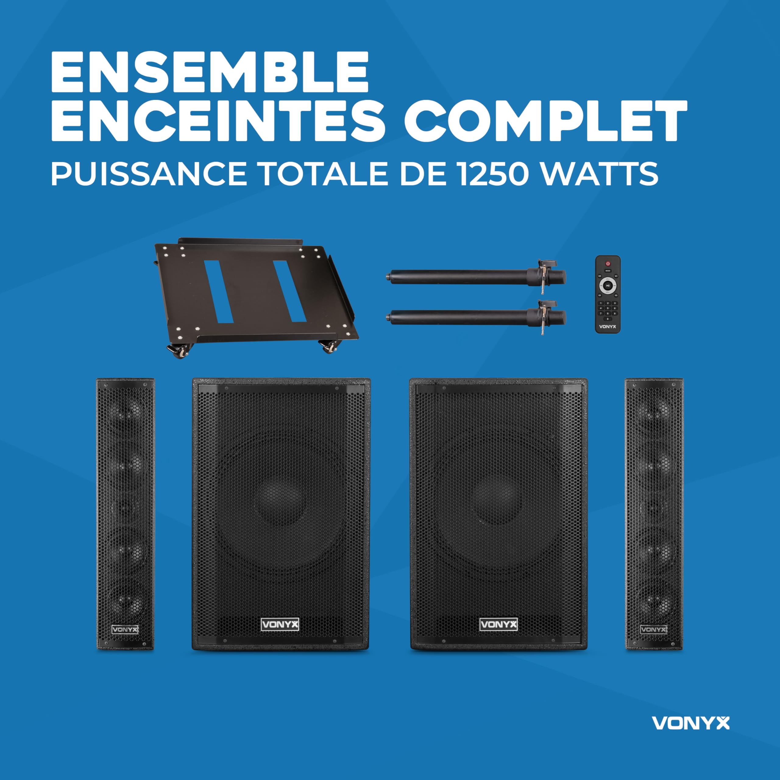 VONYX VX1080BT Pack Sono DJ Actif 2.2 avec Double Subwoofer 15 Pouces, Enceintes 4x4.5, Bluetooth 5.3, USB, Micro, Trépieds, Idéal pour DJ, Soirées, Karaokés, Événements et Présentations