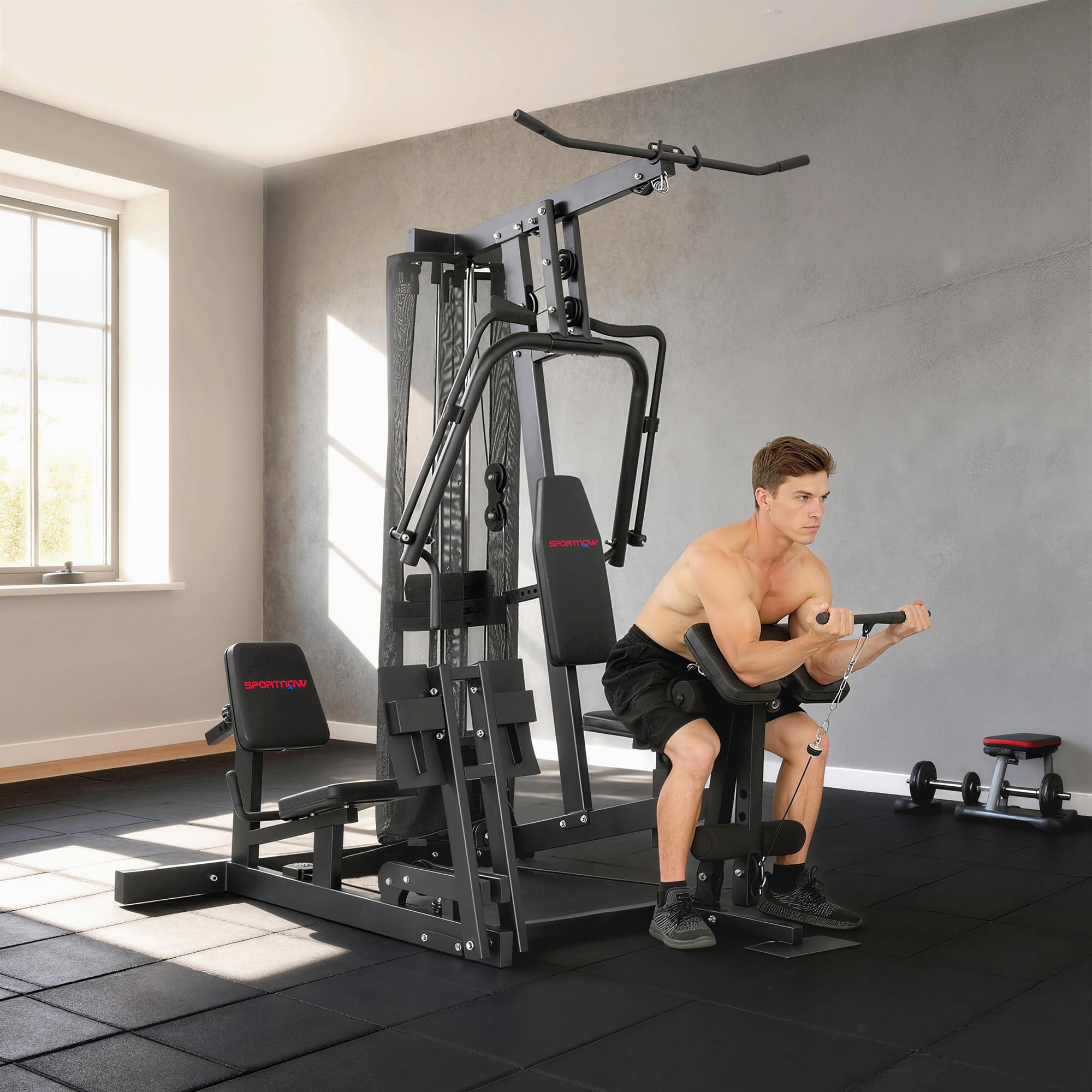 SPORTNOW Kraftstation mit Latzug Butterflystange 65kg Gewichten Seil | Fitnessstation, Beinpresse, Multifunktion Krafttraining, bis zu 120kg Belastbar, Trainingsstation für Zuhause