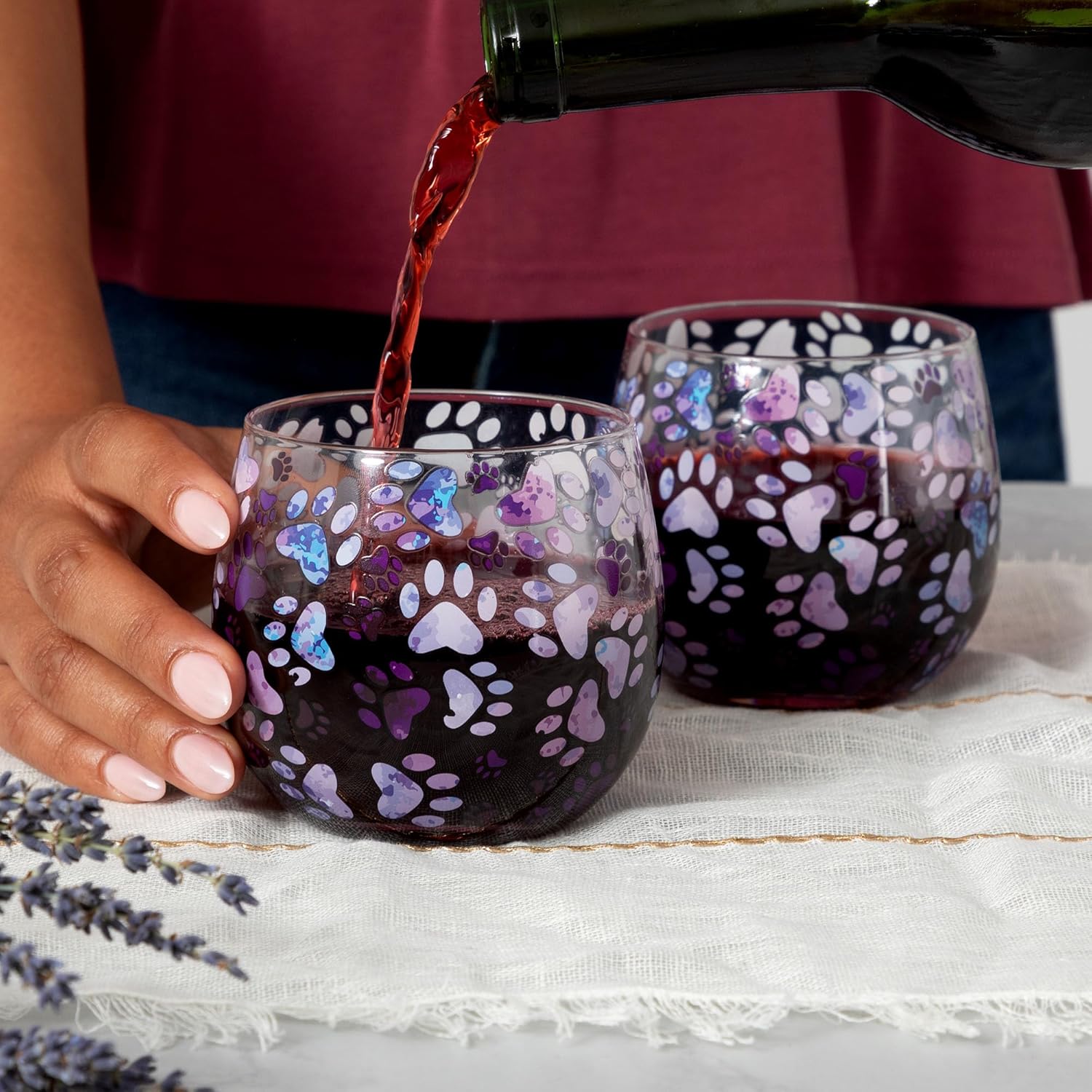 GreaterGood All Over Print No Stem Glass Wine Glasses Set of 2 Playful Cat & Paw Print Colorful Novelty Designs Cocktail Cup (Festival Pets - Cats) - Image 8