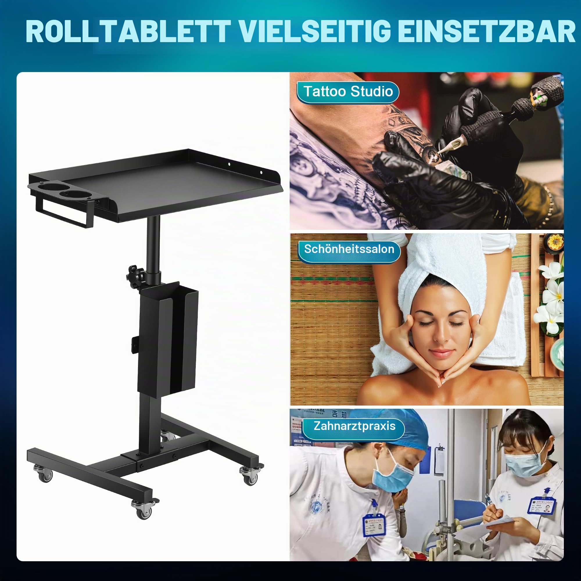 POARMEEY Tattoo-Tablett auf Rädern Salon-Rolltablettwagen aus verdicktem Eisen höhenverstellbarer Winkel mit Stauraum