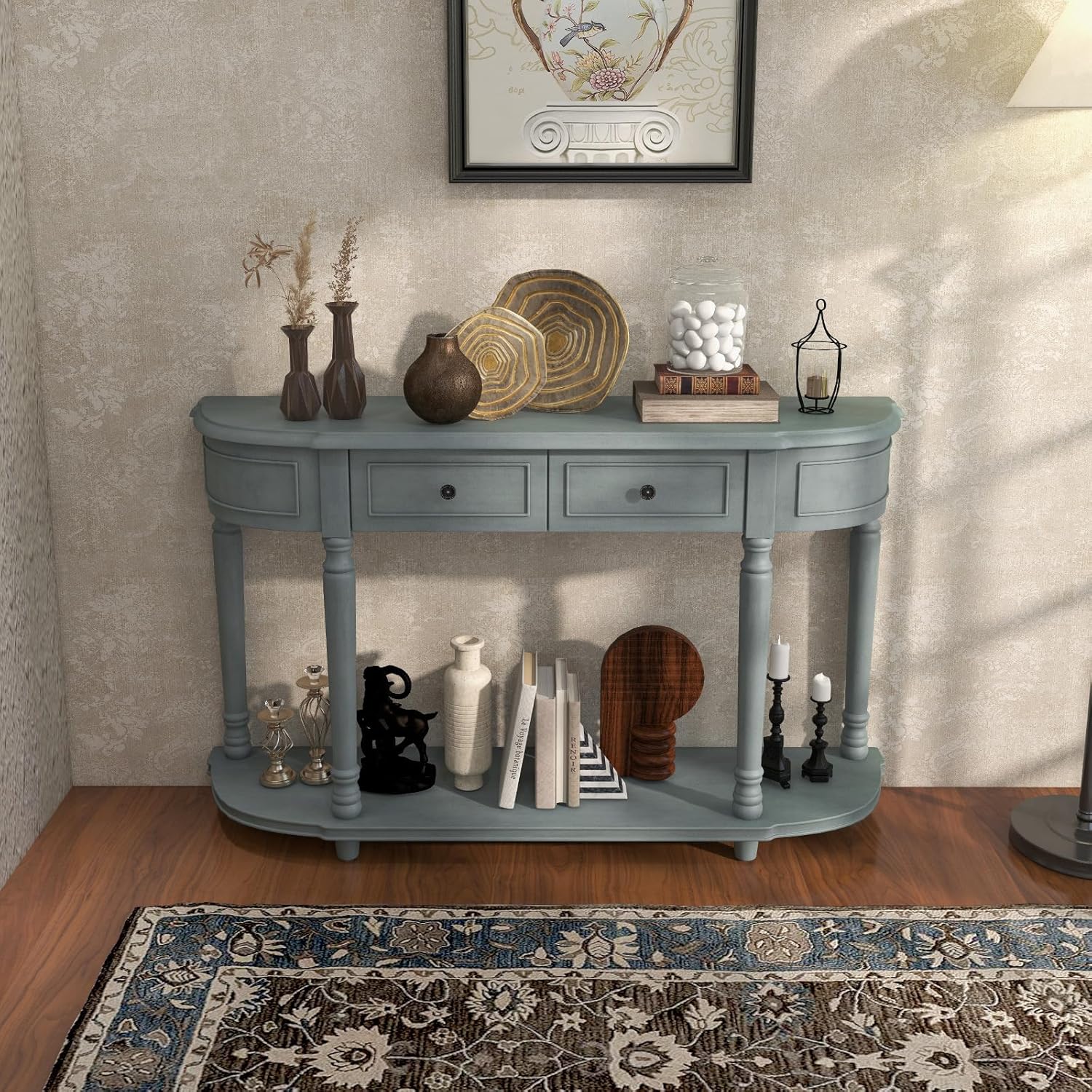 52" Blue Wood Console Table with Storage Drawers and Shelf