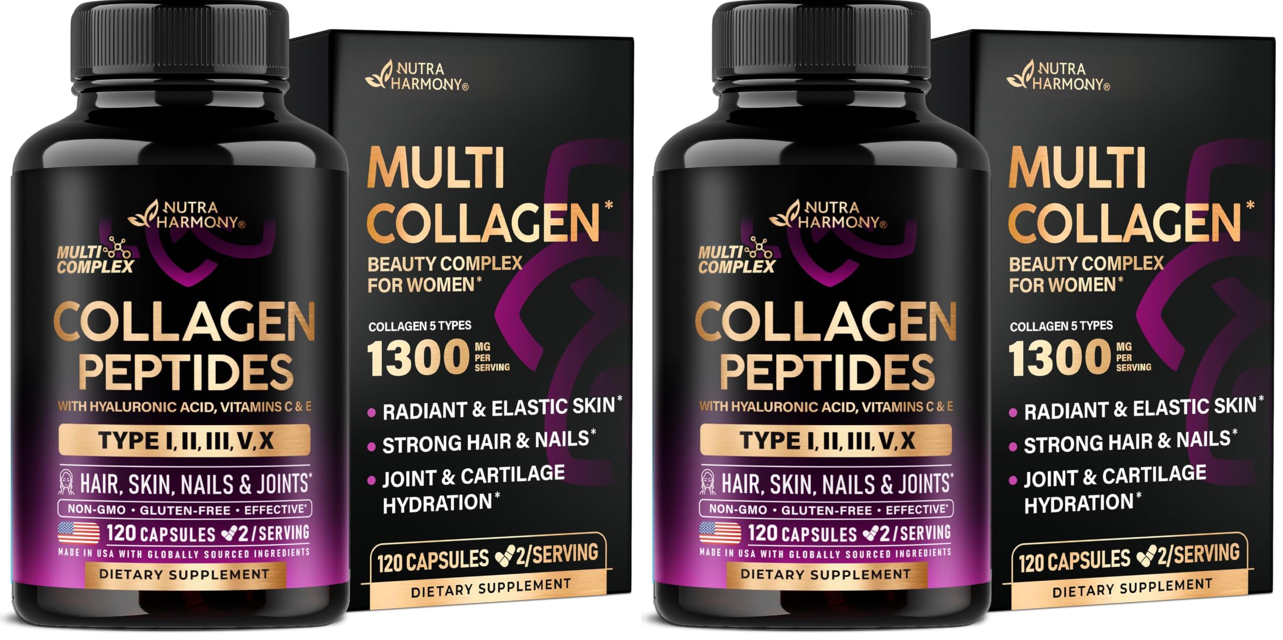 NUTRAHARMONY Multi Collagen Peptides 1300mg - Hydrolyzed Types I II III V & X - 120 Caps (Pack of 2) 120 Count (Pack of 2)