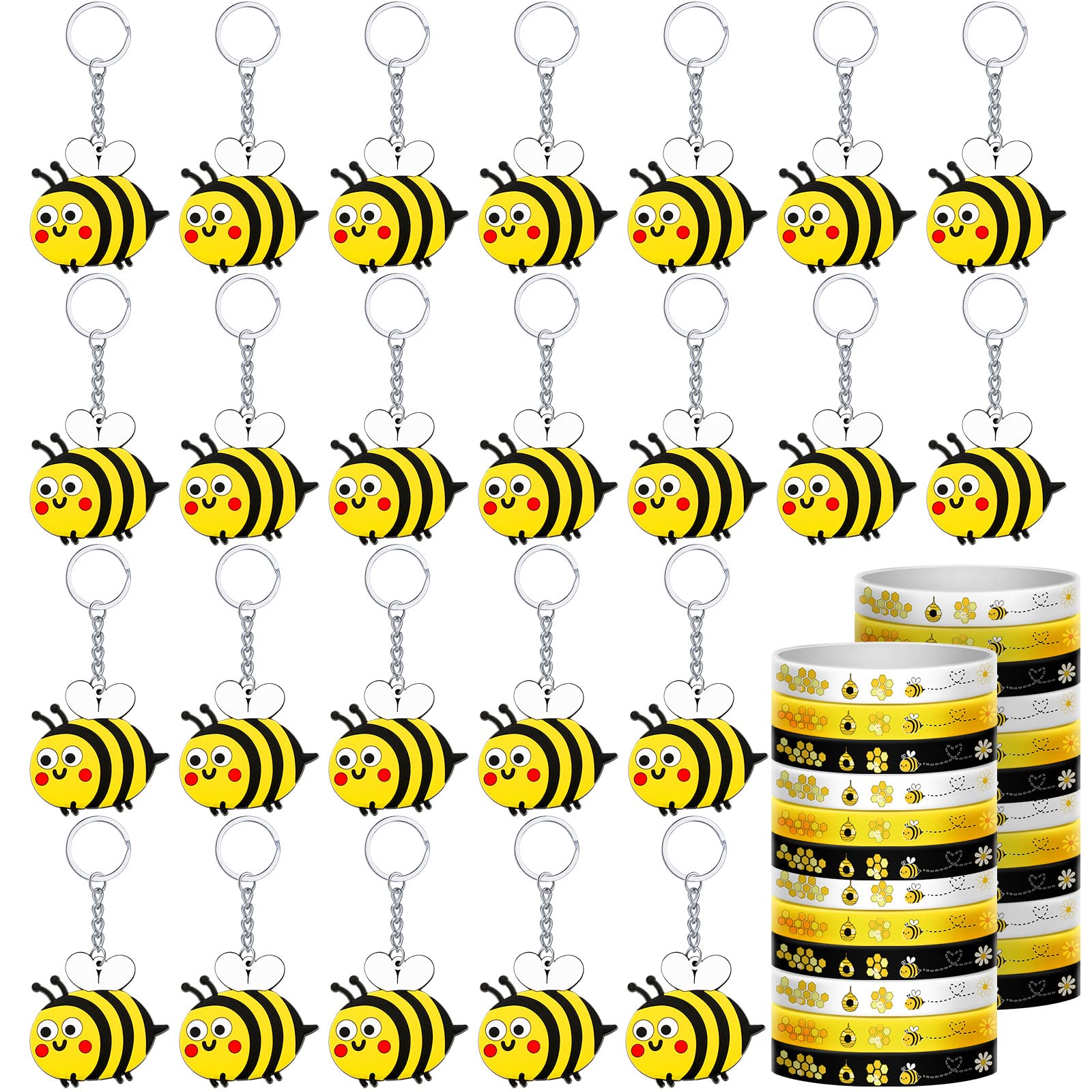 SureioSureio 48 Pieces Cute Bee Party Favors Bulk Bee Rubber Bracelets and Keychain Honeybee Rubber Wristband Birthday Party Favors Decorations for Birthday Baby Shower Supplies