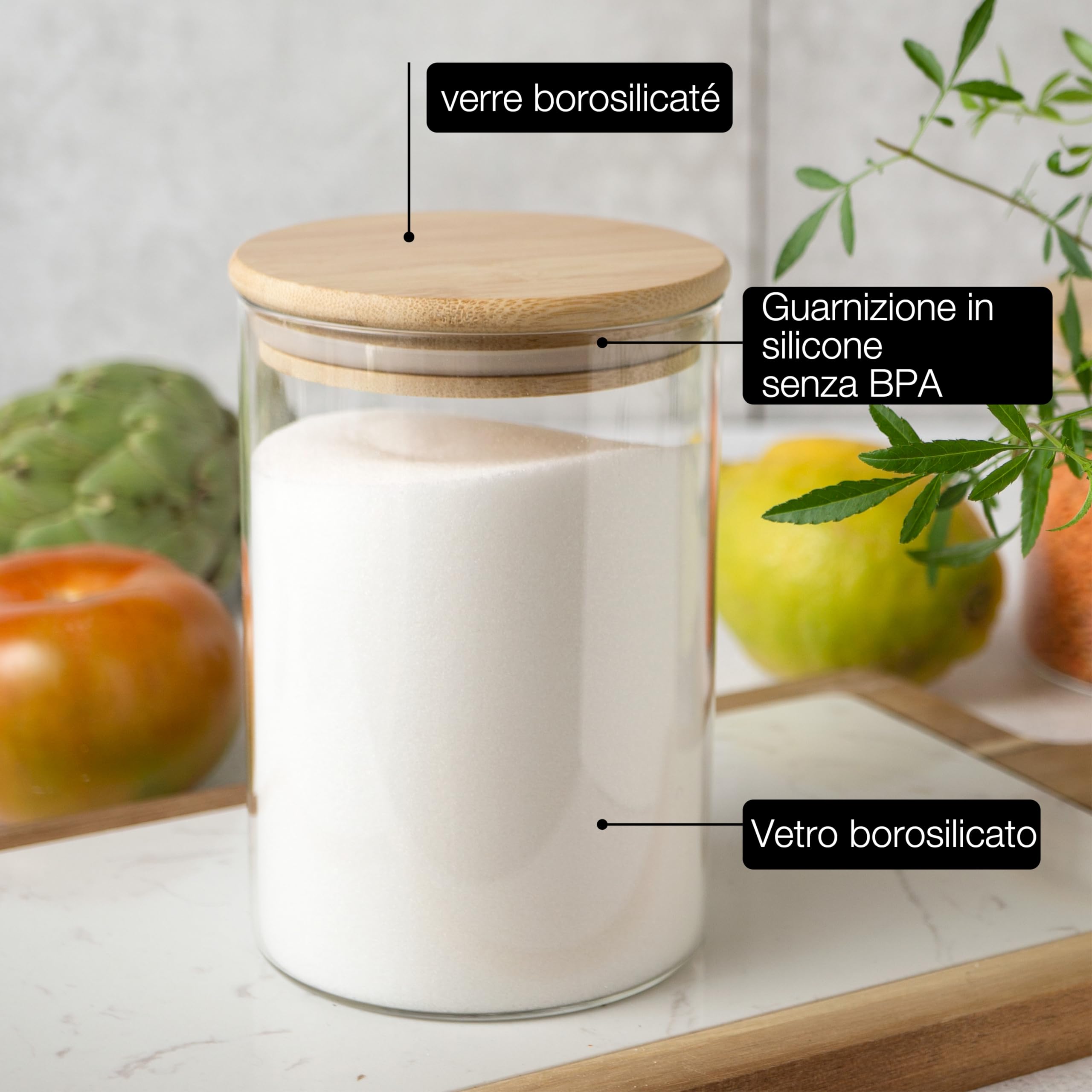 Moritz & Moritz 6 Barattoli Vetro con Coperchio 2 x 1500 ml, 2 x 750 ml, 2 x 500 ml - Barattoli Cucina con Adesivo da Tavola e Matita a Gesso