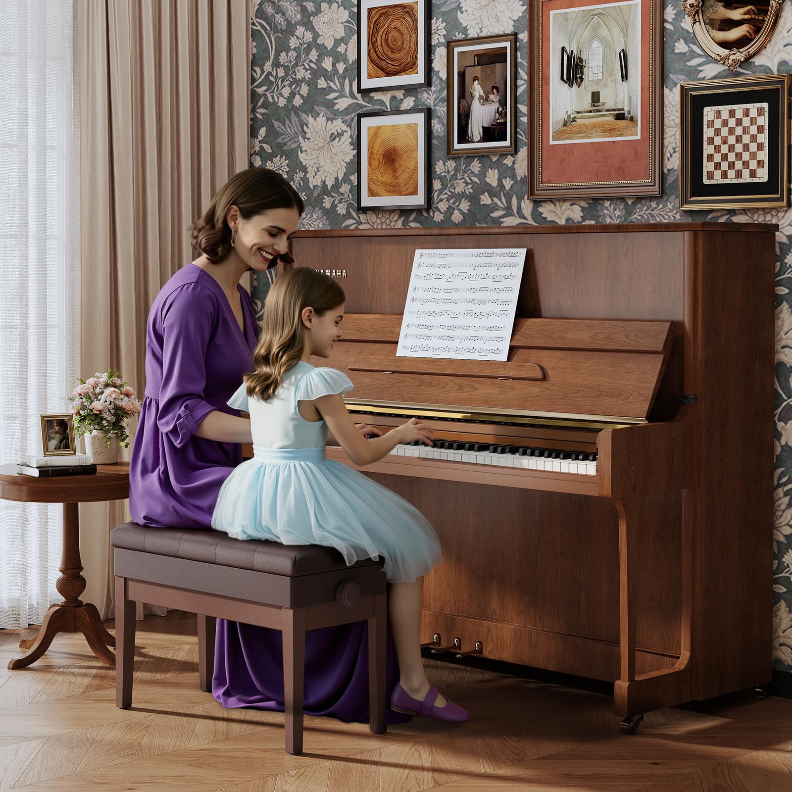 MAMIZO Tabouret Piano, Siege Piano avec Espace Rangement, Réglable Hauteur 72x33x58cm, Banc Piano avec Coussin Cuir PU, Tabouret Piano Charge Maximale 200kg, 4 PCS Pieds Piano Bois Massif, Brun Foncé