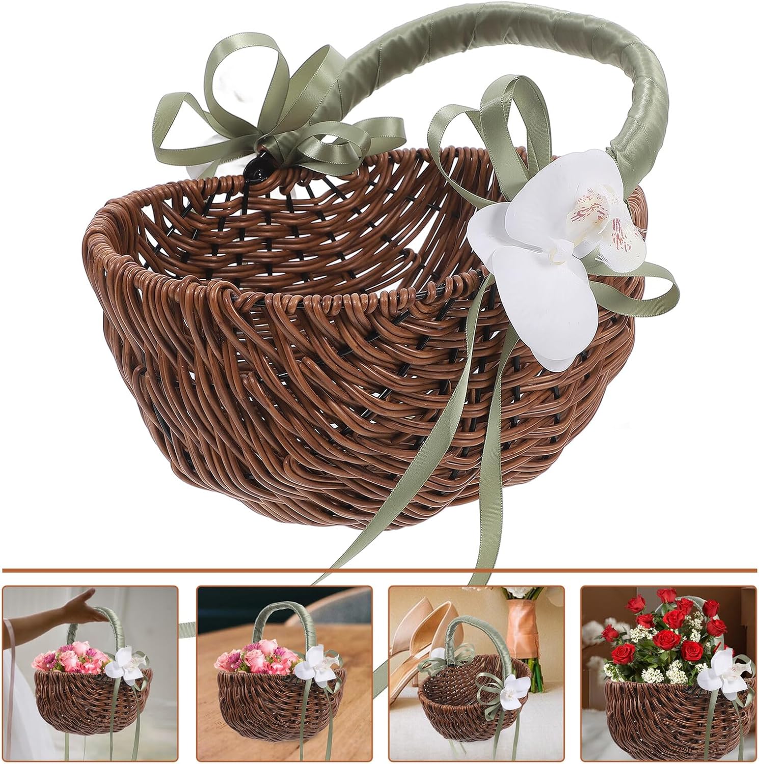 Hemobllo Woven Rustic Wedding Flower Girl Basket with Light Green Handle Handheld Container for Ceremony Supplies Decorative Floral Basket