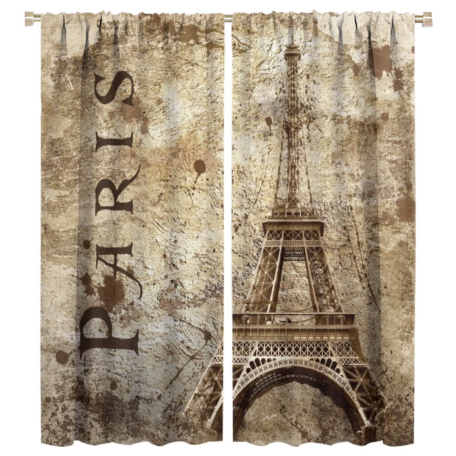 JESTRONRY Eiffel Tower Curtains,Vintage France Paris Famous Landmarks Printed Window Drapes 2 Panel Set for Living Room Bedroom Kitchen Cafe W55xL63in