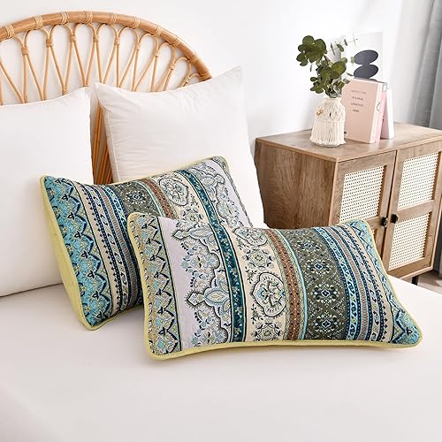 Vista 16 de WONGS BEDDING Juego de edredón bohemio tamaño Queen Aqua, juego de colcha de 3 piezas a rayas, de microfibra ligera y suave bohemia para todas