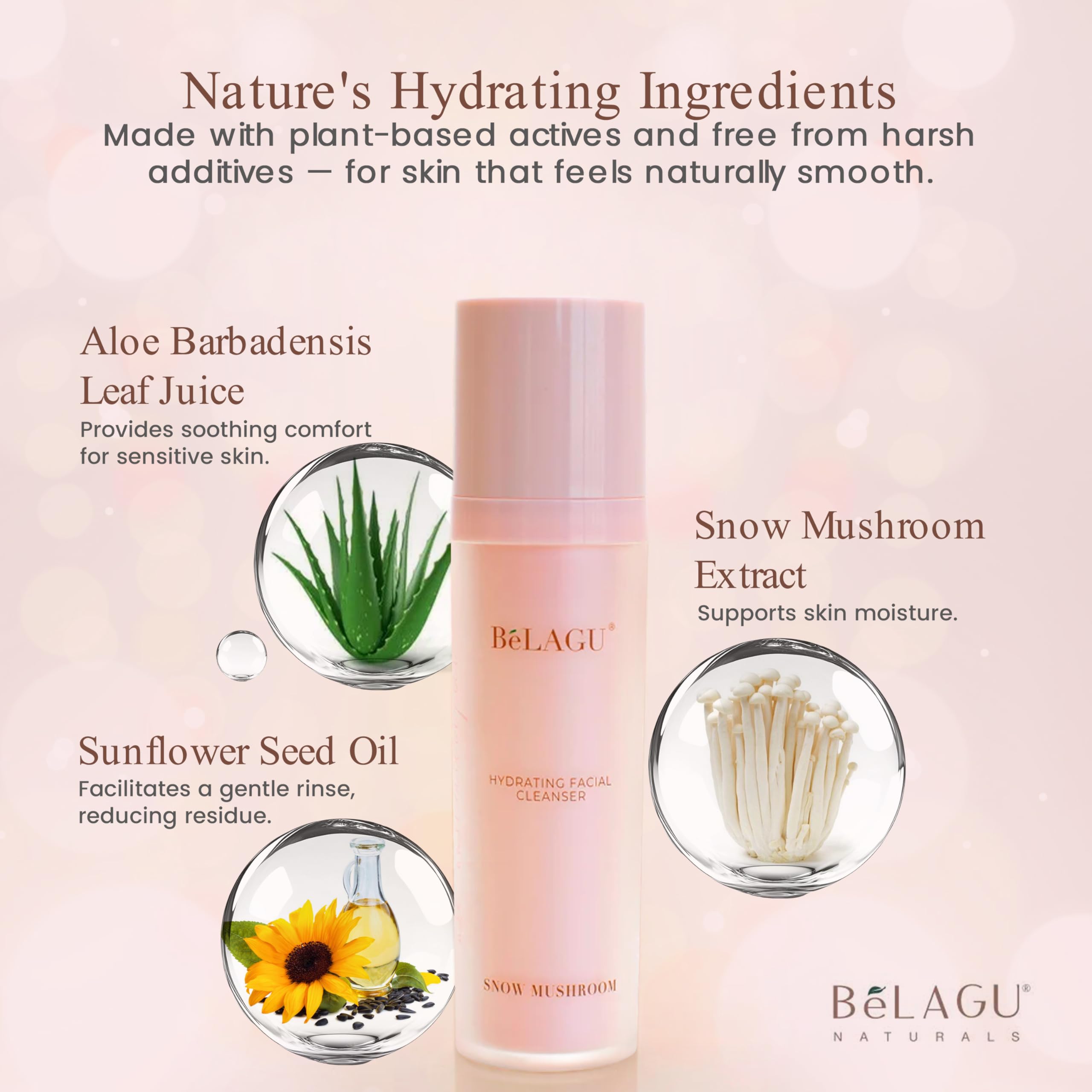 Detergente viso idratante con squalano e funghi della neve, detergente viso delicato per trucco e foglie per pelle morbida e idratata, naturale, vegano (113,4 g)