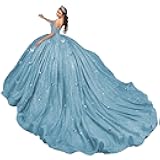 Youjiayi 3D Butterfly Quinceanera Dresses Ball Gown Off Shoulder Beaded Sweet 16 Dress Puffy Tulle 15 Dress with Train