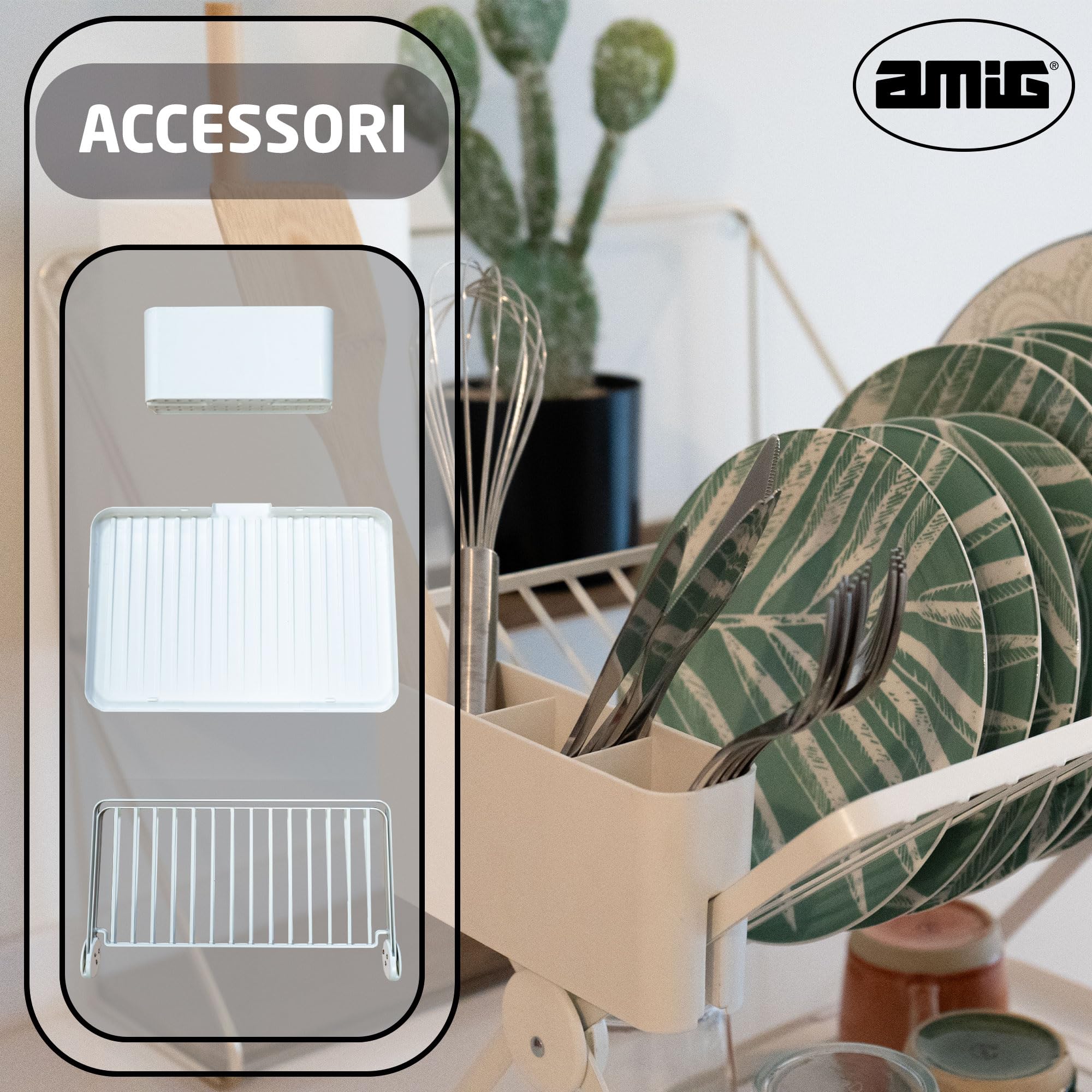Amig - Scolapiatti Pieghevole Kaplya - 41,5 x 33,2 x 33,8 cm - Acciaio e Plastica - Colore Bianco - Scolapiatti Compatto con Vassoio di Sgocciolamento e Supporto per Posate - Ideale per Piccole Cucine
