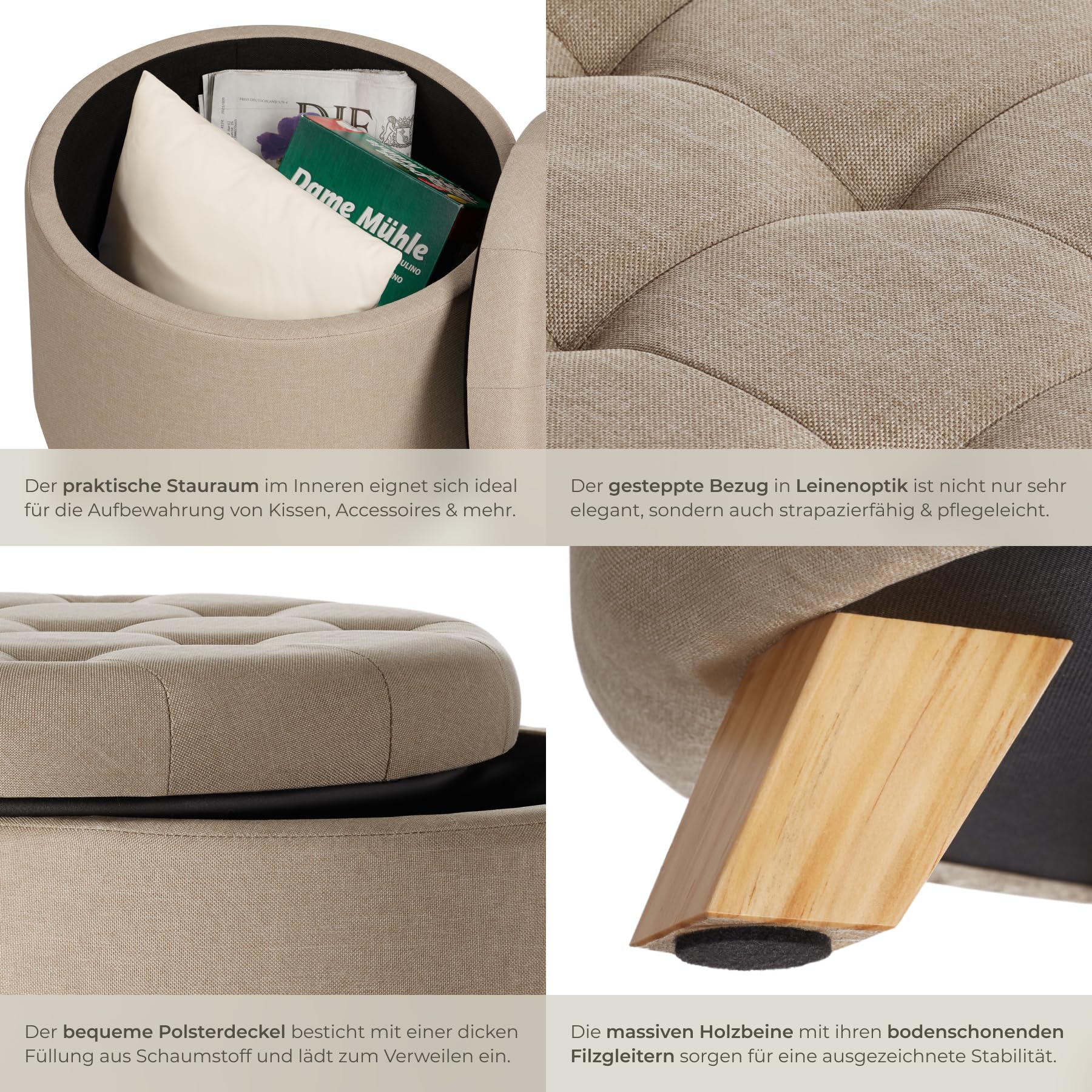 tectake® Hocker mit Stauraum, Sitzhocker mit Stauraum, Aufbewahrungsbox mit Deckel, Fußhocker, Hocker rund, Hocker Holz Beine, als Sitzbank Flur, im Wohnzimmer oder Schlafzimmer - Sand