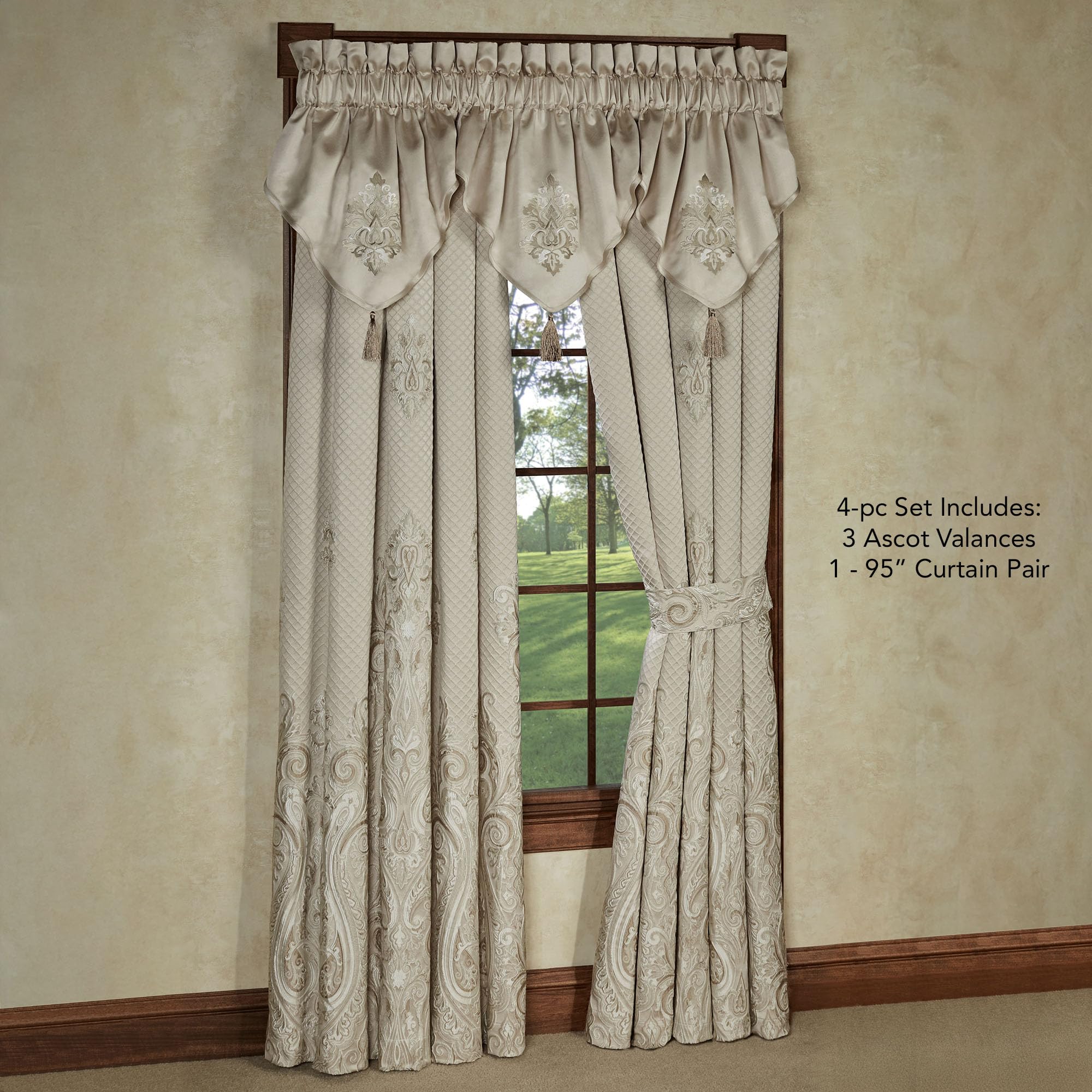 Lunata Elegant Luxury Window Treatments | Chic Neutral Color Palette | Fine Jacquard-Woven Scrollwork, Medallions, and Diamonds | Wide Drapery Set Includes 3 Tasseled Ascot Valances & 95L Curtain Pair