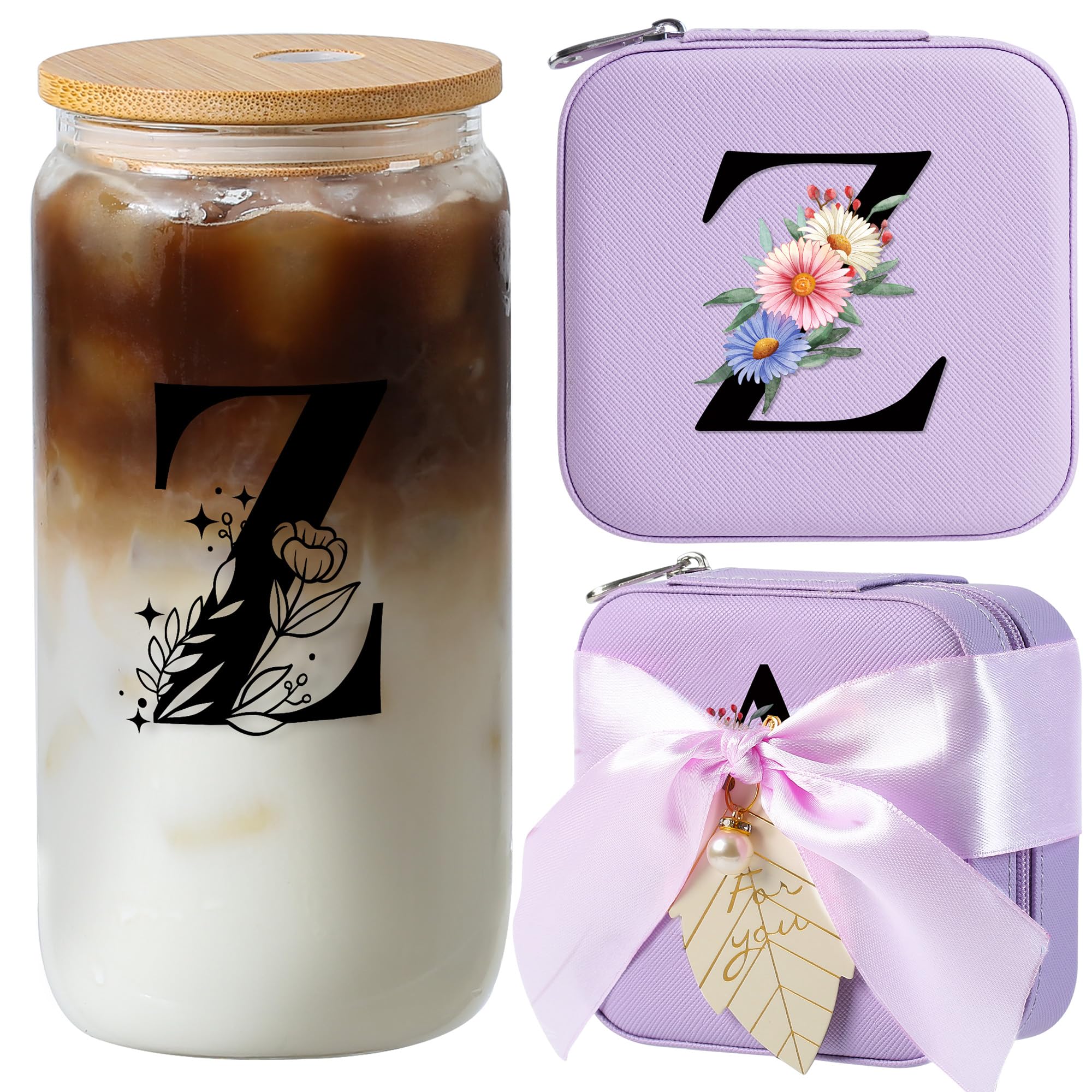 AYGXU glass cups with lids and straws,Tumblers with Brushes,Small Jewelry Organizer Box,Birthday Gifts for Women,Travel Gifts for Girls,high school graduation gifts for her,Initial Z purple
