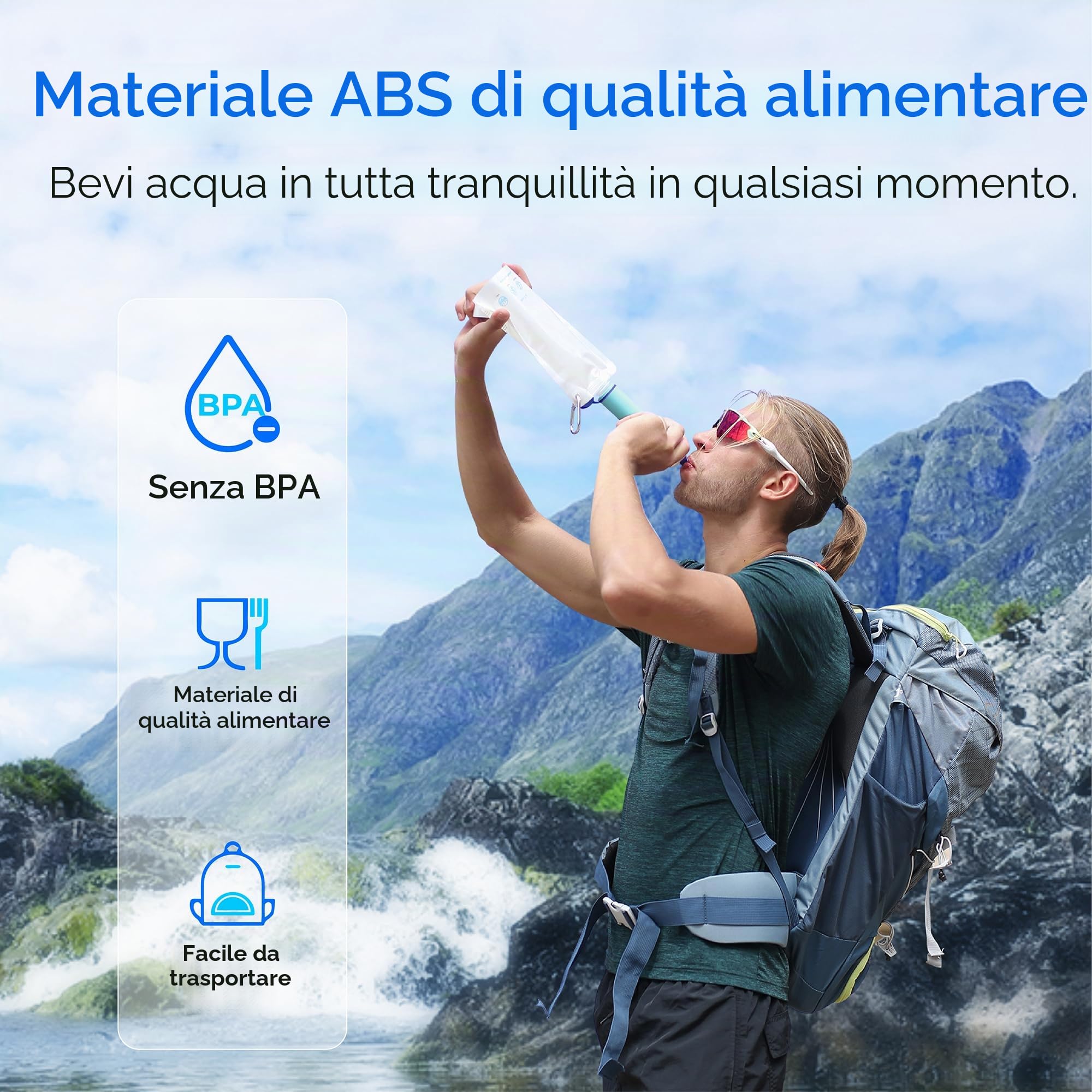 Waterdrop Cannuccia Filtra Acqua con Borsa Acqua a Gravità, Sistema di Filtraggio da Campeggio Portatile, Purificatore per Acqua Potabile per Emergenza Escursione Viaggio Backpacking