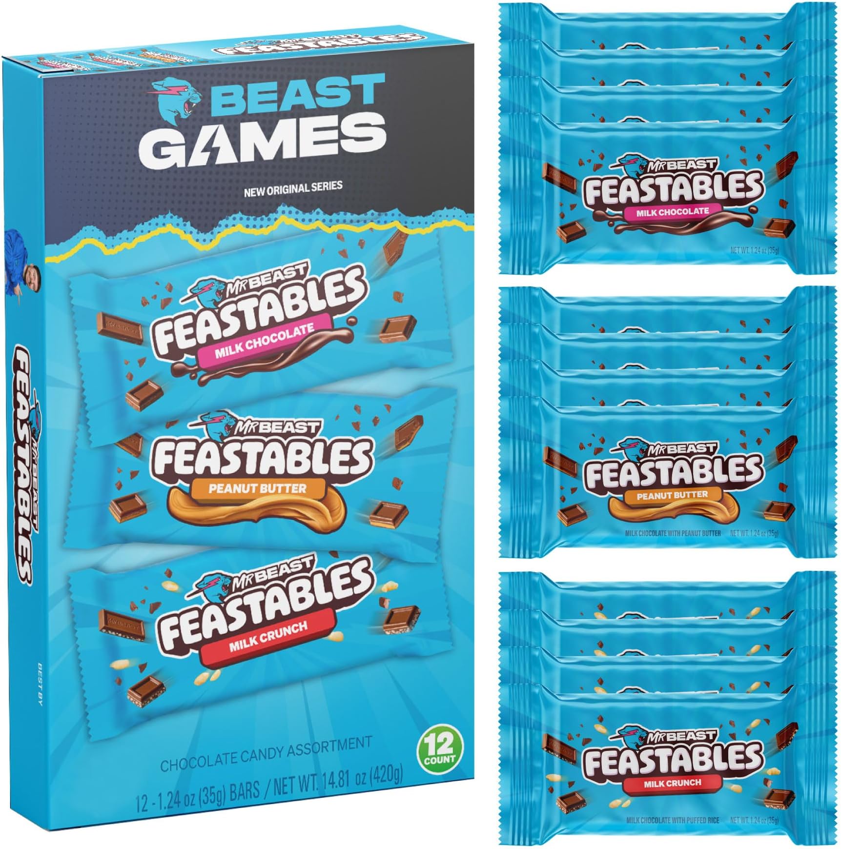 Beast Games Chocolate Bar Box, Milk Chocolate, Crunch, & Peanut Butter Bars, Full Size Candy Bars For Adults Kids, Snacks Gifts, Fairtrade Cocoa, 1.24 Oz Each, 12 Count