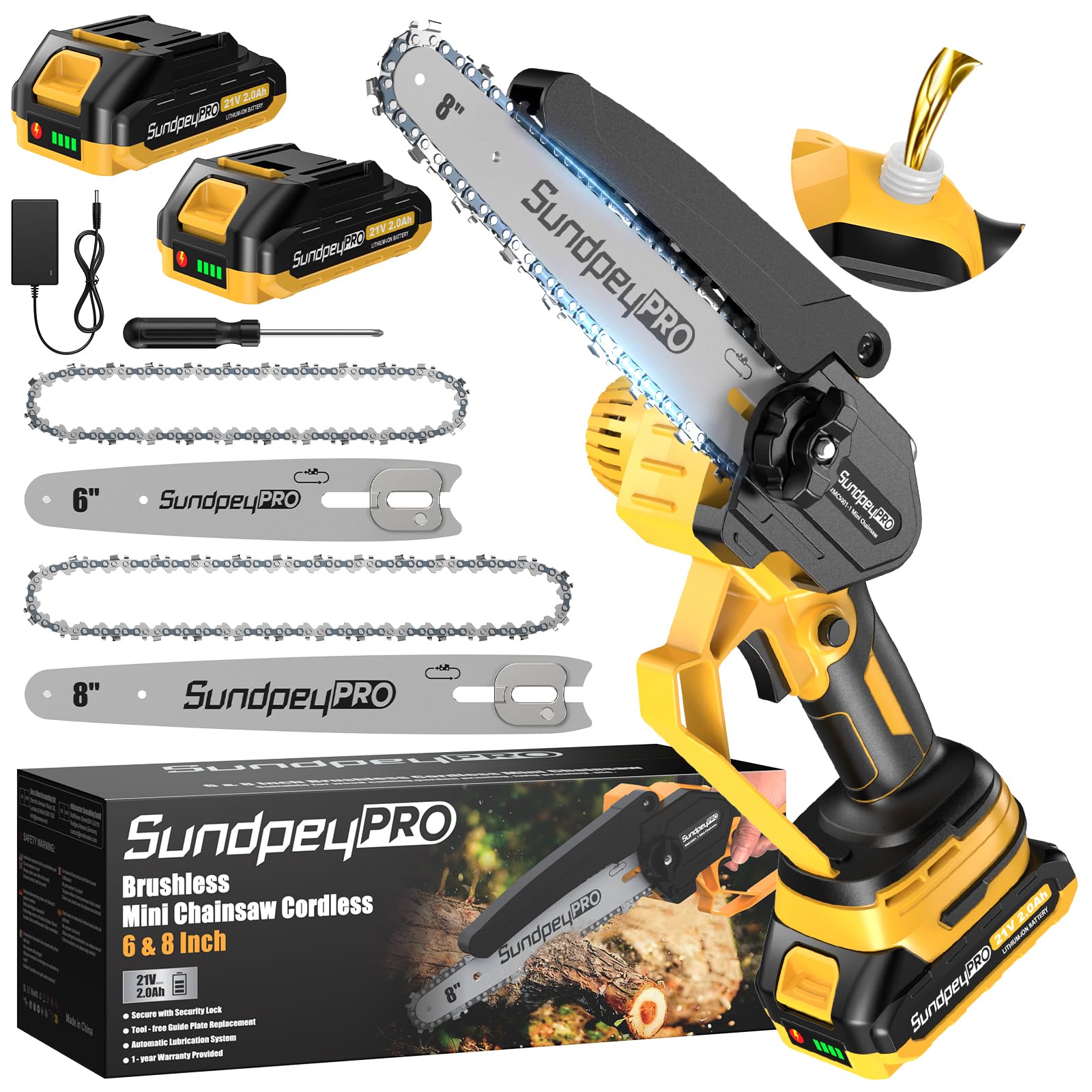 8 & 6 Pouces Mini Tronconneuse a Batterie, 21V Brushless Tronconneuse Electrique sans Fil avec 2×2.0Ah Batteries, Tension de Chaîne sans Outil, Système D'huile, pour le Jardinage