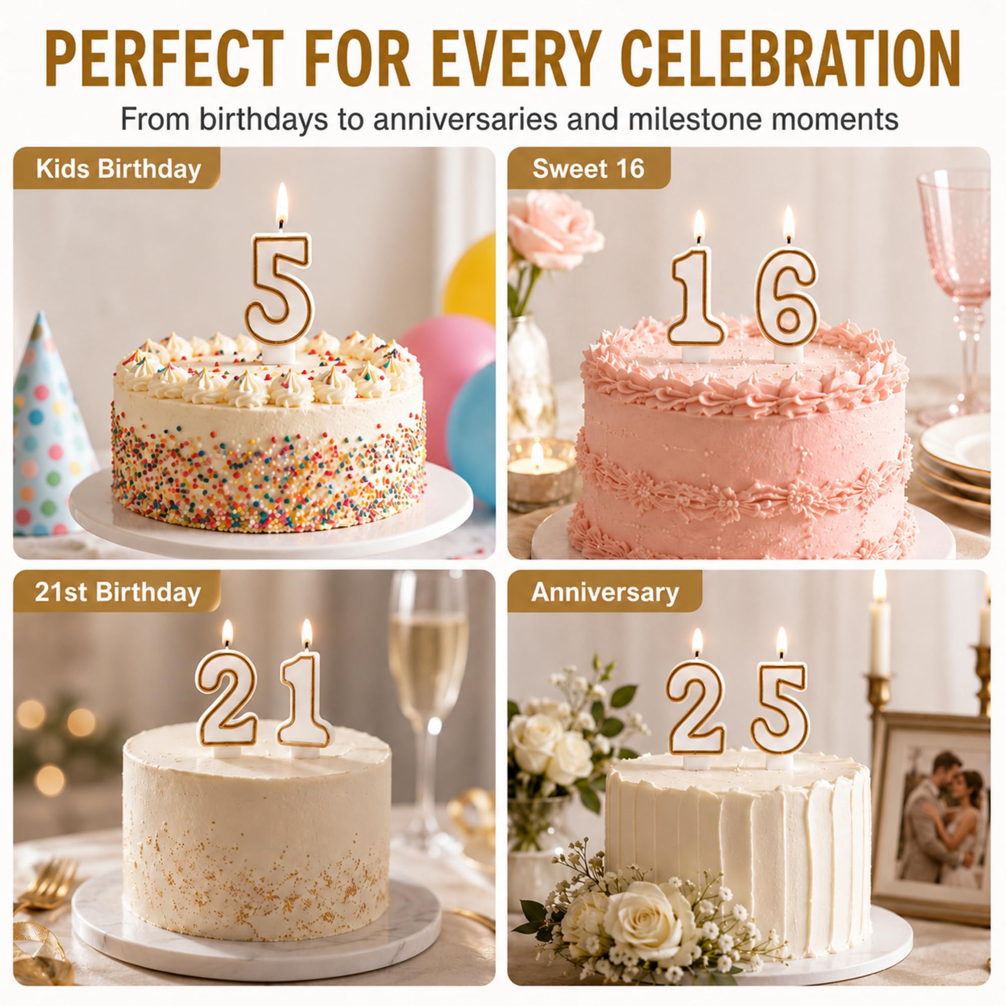 10 Stücke Kuchen Nummer Kerzen Geburtstag Ziffer Kerzen Zahlen 0-9 Weiße Kerzen mit Goldenen Kanten Kuchen Topper Kerze Dekoration für Hochzeit Geburtstag Party Zubehör