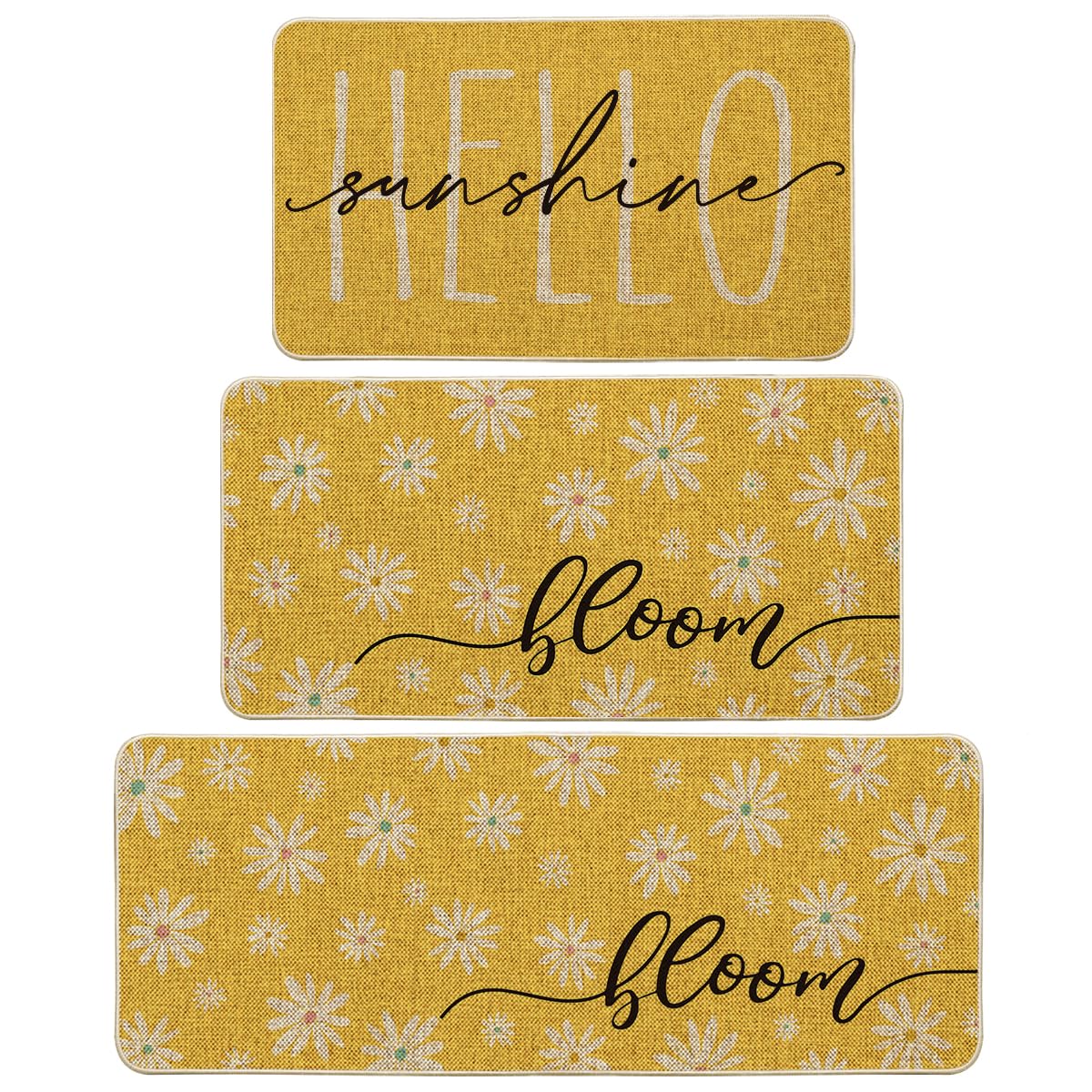 Artoid Mode Yellow Daisy Hello Sunshine Bloom Spring Kitchen Mats Set of 3, Home Decor Low-Profile Kitchen Rugs for Floor - 17"x29"+17"x36"+17"x47"