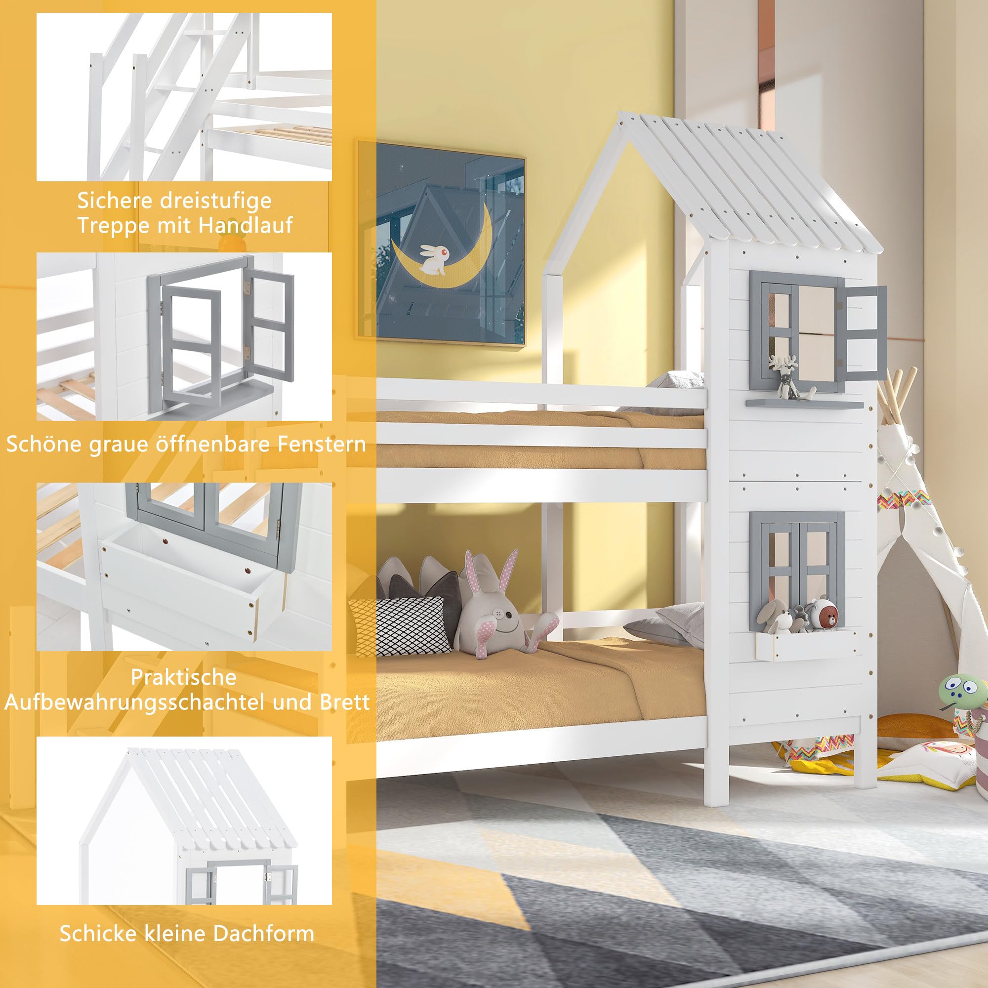 Baumhaus Kinderbett, Etagenbett mit Handlauf und Fenster, Hausbett, Kinderbett mit Fallschutz und Gitter, Rahmen aus Kiefer, Platzsparendes Design (90x200cm)