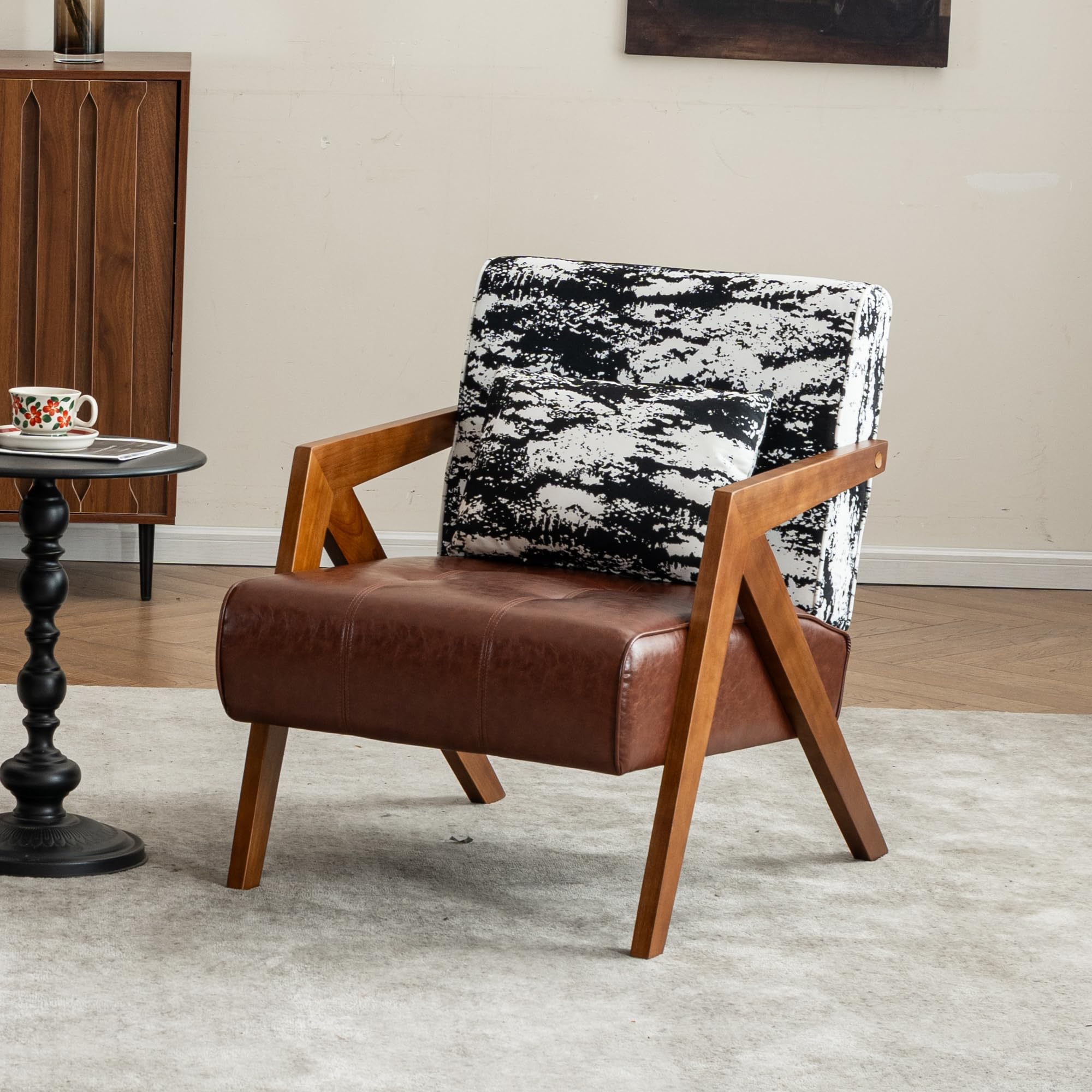 Mid-Century Modern Accent Chair with Solid Wood Frame，Upholstered Leather Living Room Arm Chairs with Pillow for Bedroom, Living Room, Balcony， Reading Room, Brown