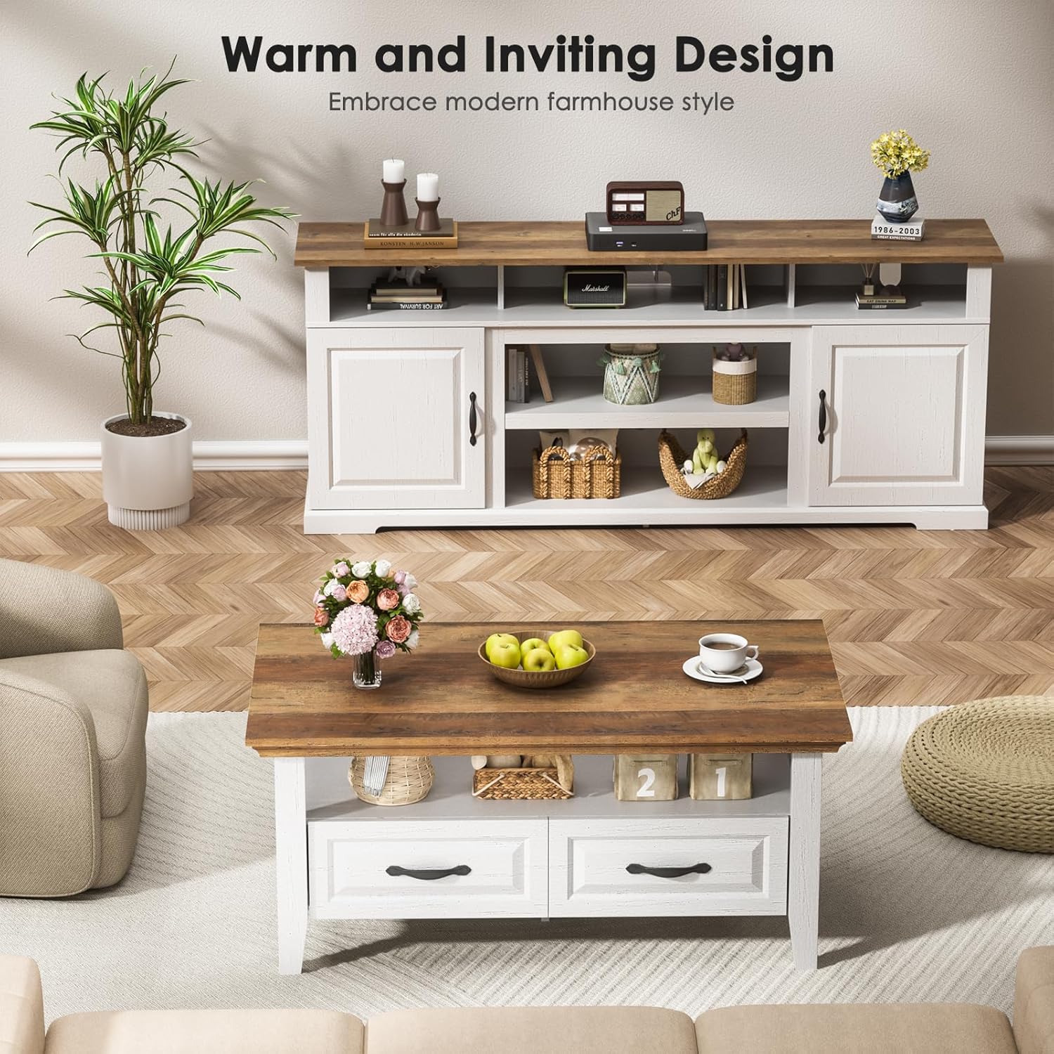 Pipishell Modern Coffee Table Farmhouse with Storage, Wood Coffee Table for Living Room, Featuring Open Display Shelf, Hidden Drawers, Robotic Vacuum-Friendly, Ideal for Home Office, Vintage Brown