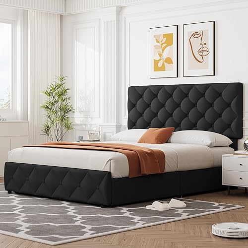 Miniatura 7 de IDEALHOUSE - Base de cama tamaño Queen con 4 cajones de almacenamiento y cabecera ajustable, camas con plataforma tapizada en lino, botones con