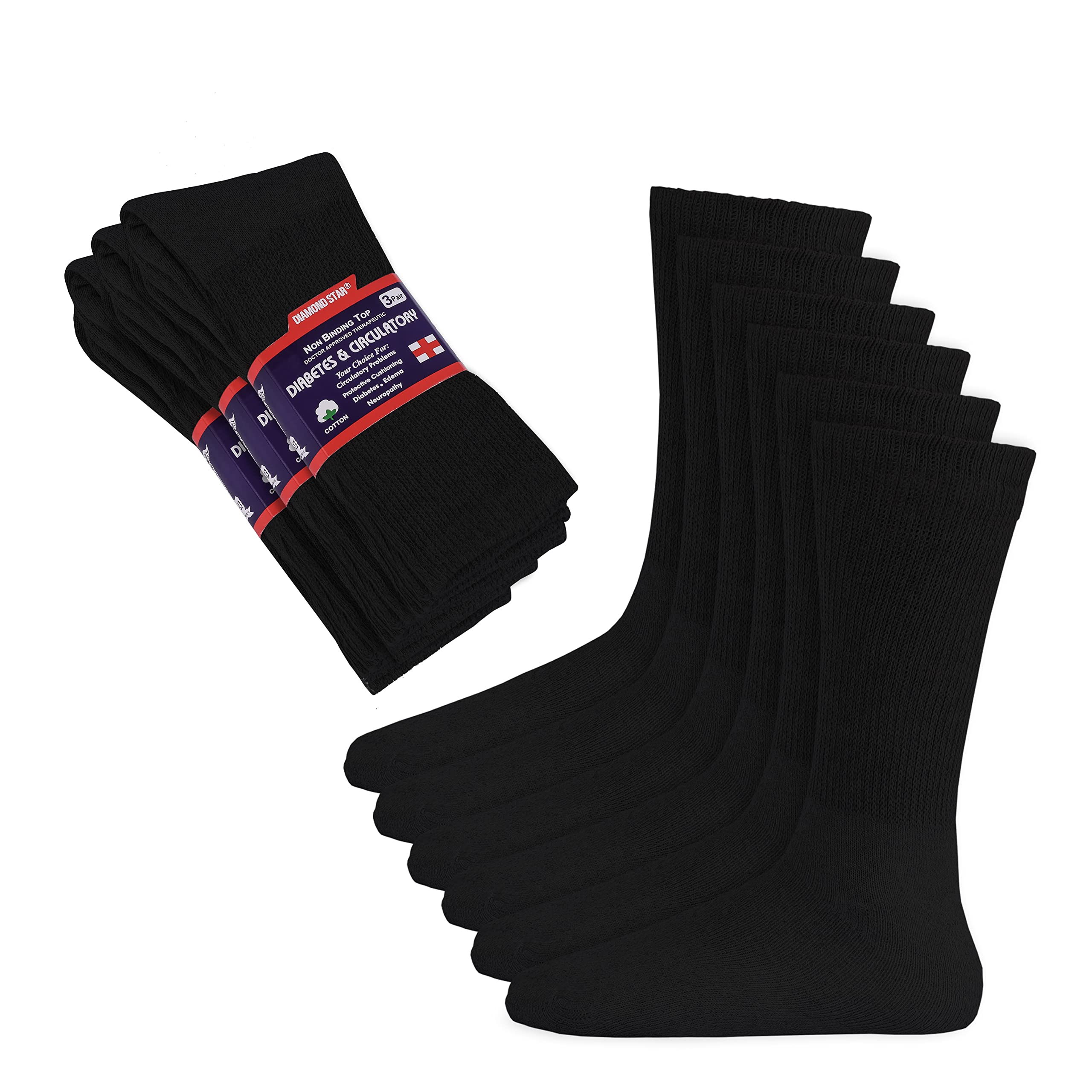 Diamond Star Diabetic Socks for Men, Non-Binding Cotton Crew Socks, Loose Fit for Swollen Feet, Circulation Support, 12 Pairs Black, 9-11
