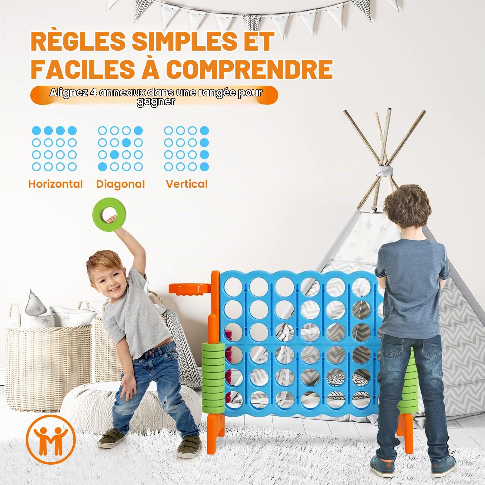 HOMASIS Jeu géant 4 Gagnants, Jeu 4 en 1 avec Panier de Basket & Lancer, Jeu de Stratégie avec 42 Anneaux, XXL Jeu de société Jouet pour Enfants & Adultes Extérieur (Orange)
