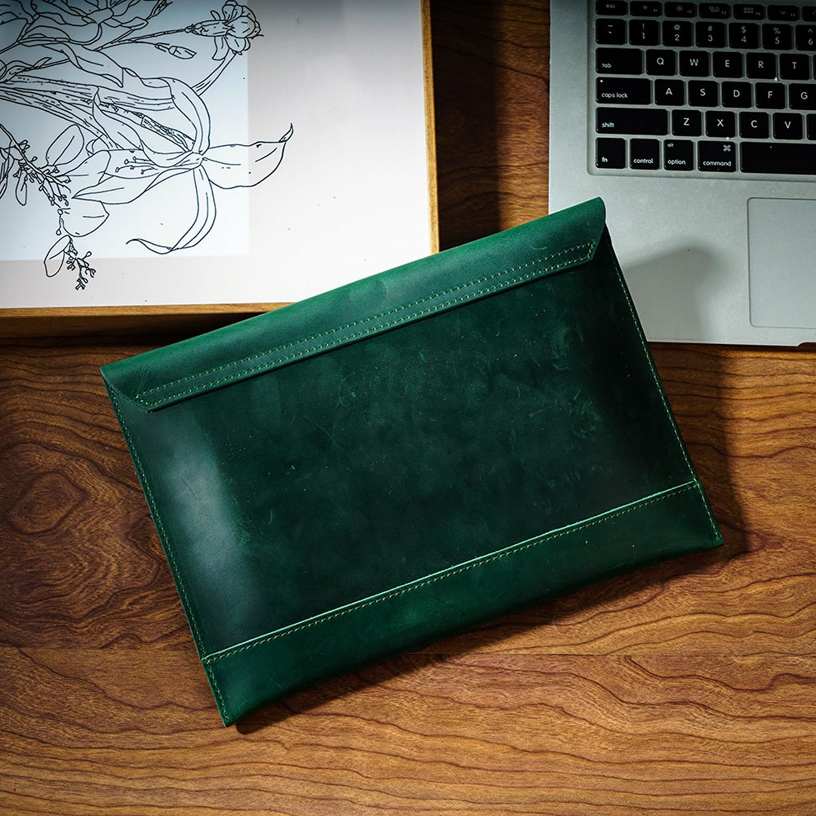 Carpeta de cuero multifuncional para documentos con múltiples ranuras para tarjetas y cierre de cuerda, funda de piel para laptop, funda para archivos