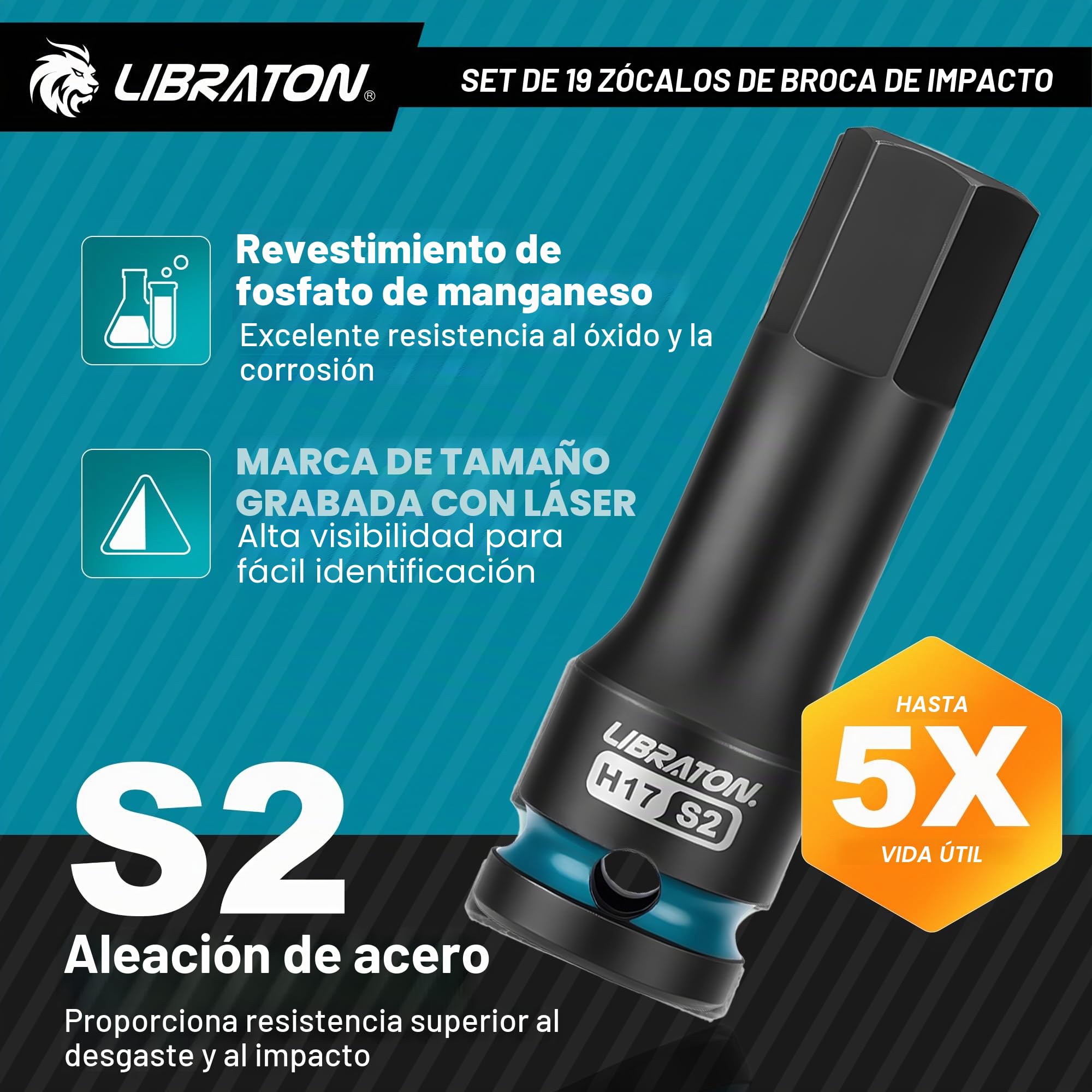 LIBRATON 19 Piezas Juego de Llaves de Vaso Hexagonales y Torx de Impacto 1/2", Acero S2 (H5-H19 + T30-T80), Para Llaves de Impacto, Reparación de Automóviles, Almacenamiento XPE