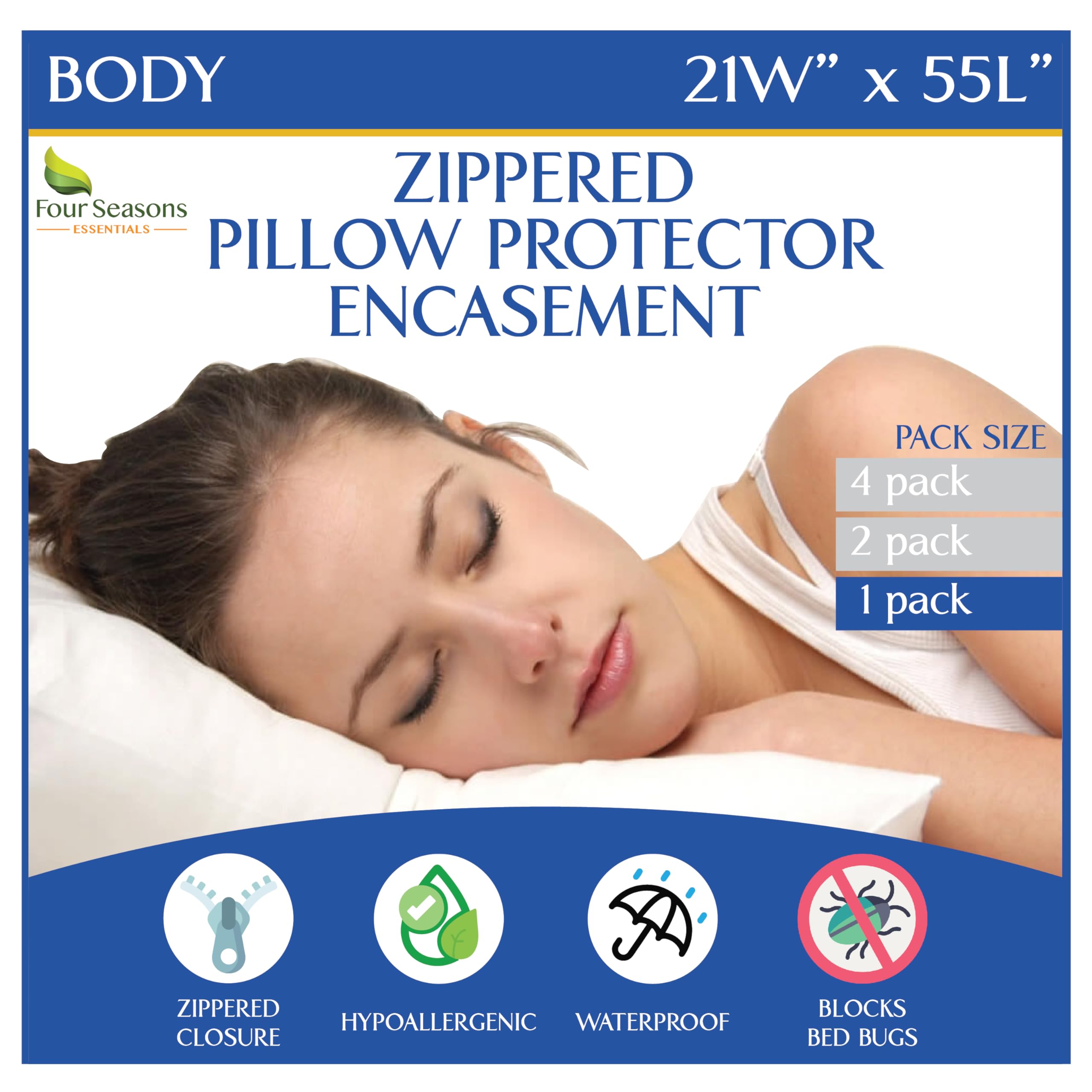 Four Seasons Essentials Body Size Pillow Protector β Allergy Pillow Cover Waterproof Bedbug Hypoallergenic Dust Mite Allergen Proof Zippered Encasement
