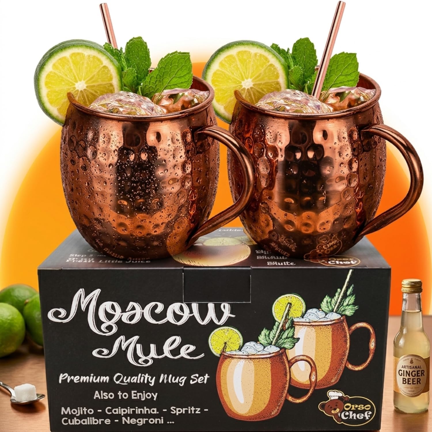 Set Completo Di 2 Bicchieri Cocktail Moscow Mule Rame, Accompagnati Da Cannucce, Sottobicchieri Acquistando In Omaggio Esclusivo E-book Con Ricette E Suggerimenti Per Cocktail