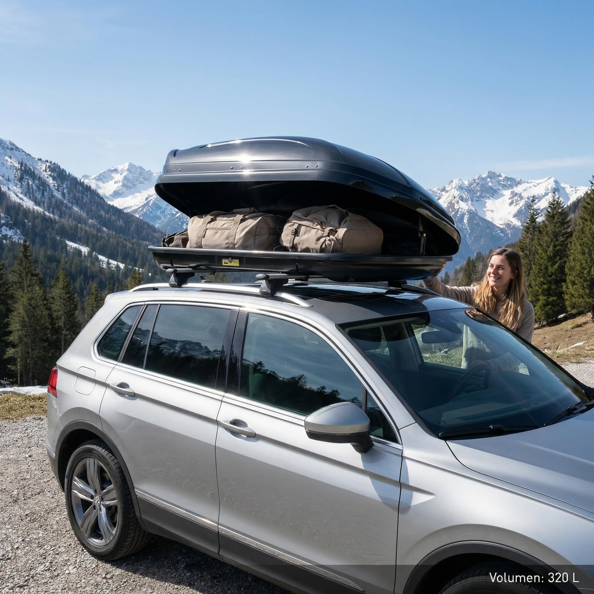 VDP Box Da Tetto Nero Opaco 320 Litri Con Serratura + Barre Portatutto In Alluminio – Set Per Skoda Fabia Station Wagon 5J (dal 08), Capacità 50 Kg