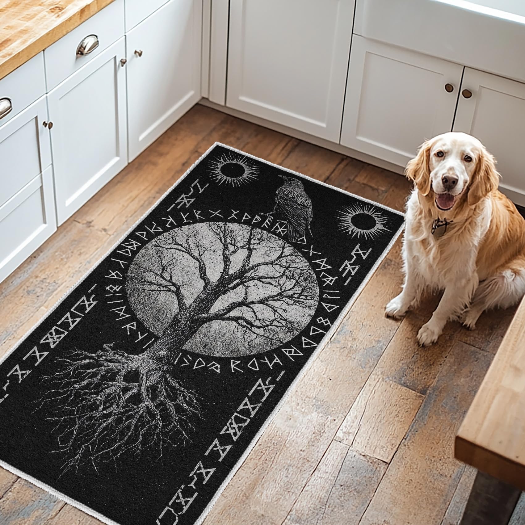 Generisch Wikinger Teppich Läufer 80x180, Nordische Mythologie Teppiche rutschfest Kurzflor Waschbar Bettumrandung Schlafzimmer, Baum des Lebens Teppichläufer für Küche Flur Eingangsbereich