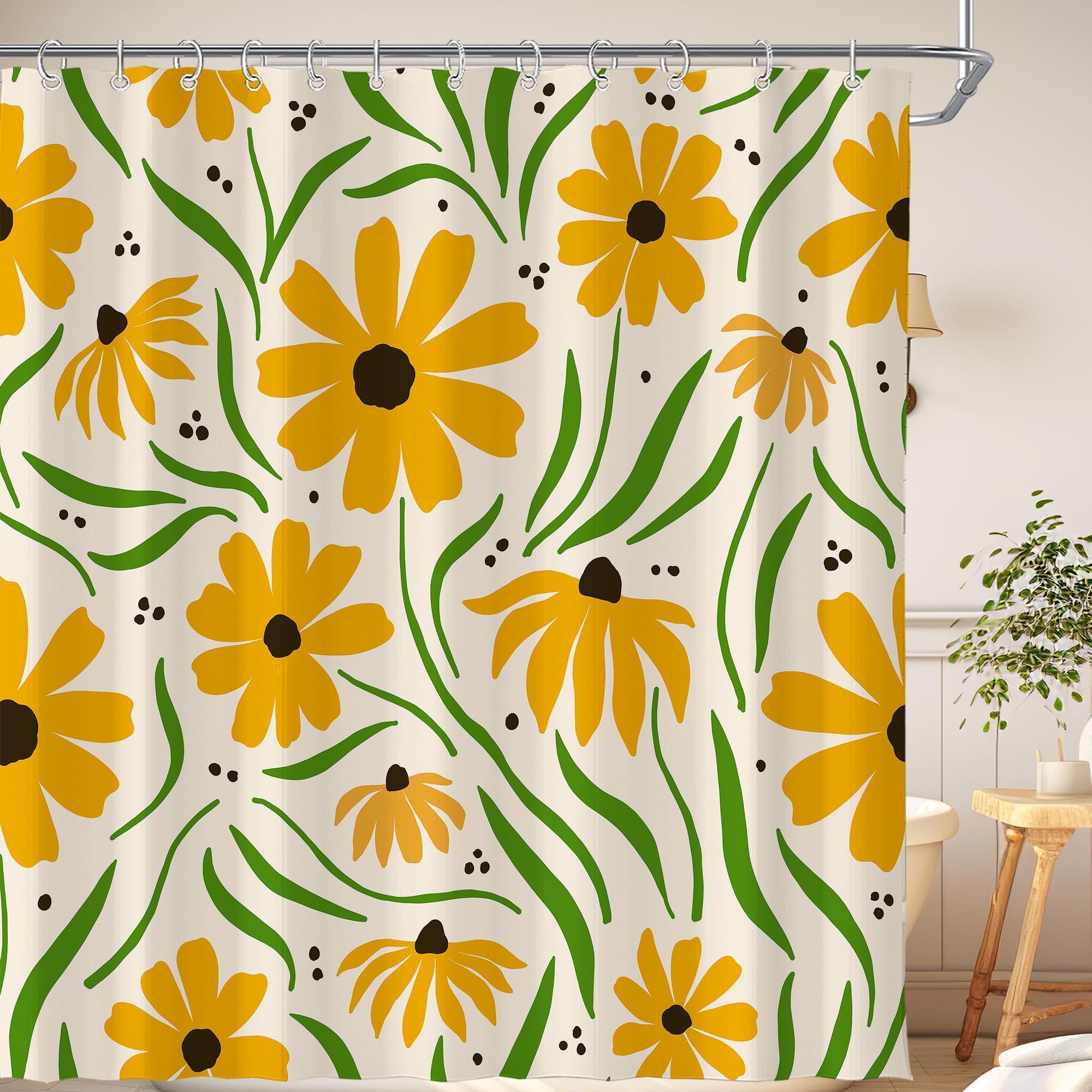 Cute Retro Sunflower Abstract Floral Leaves Aesthetic Flower Shower Curtain for Bathroom 72W*72H Inch Vintage Groovy Daisy Funky Bathtub Decor Modern