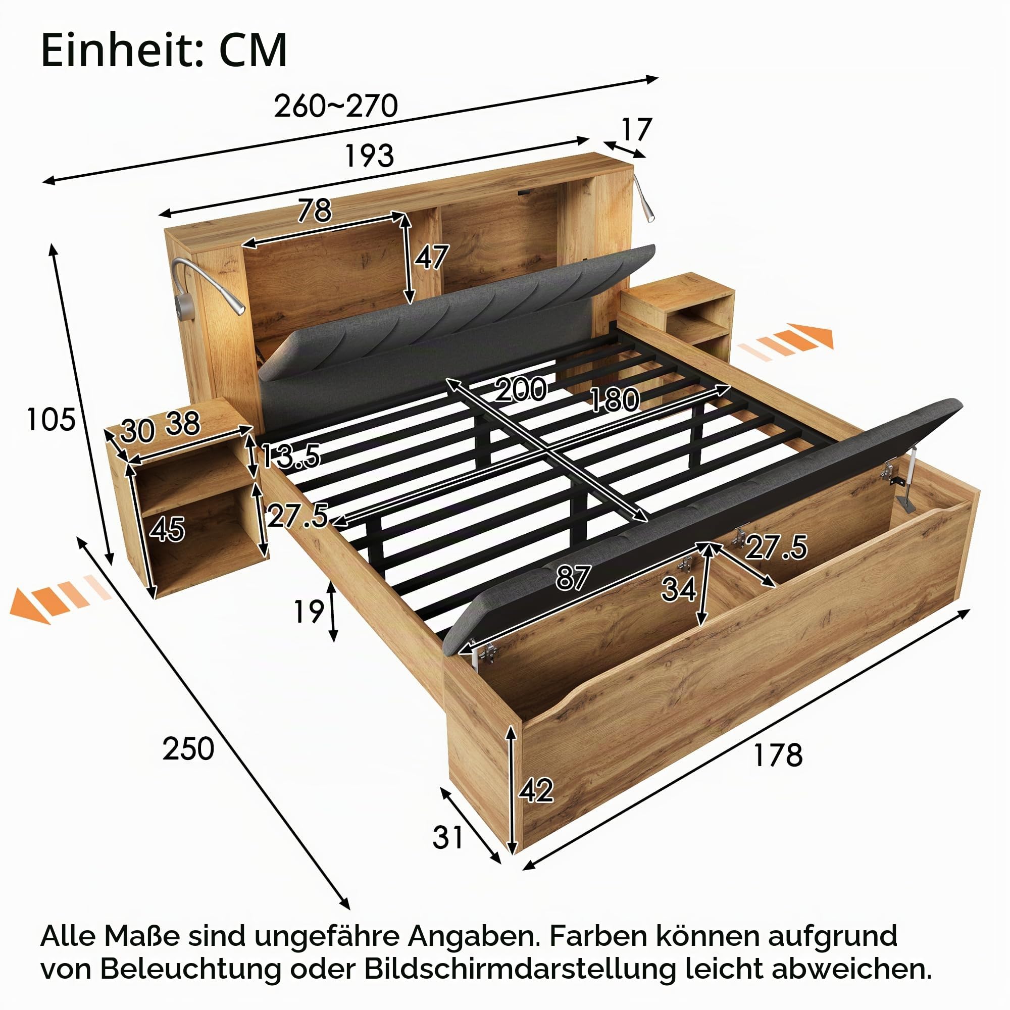 Moimhear Doppelbett, Holzbett, mit klappbarem Kopfteil aus Leinenstoff, Zwei Nachttische Bettbank mit Stauraum Leselampen, mit USB, Eiche Farbe (180x200cm)