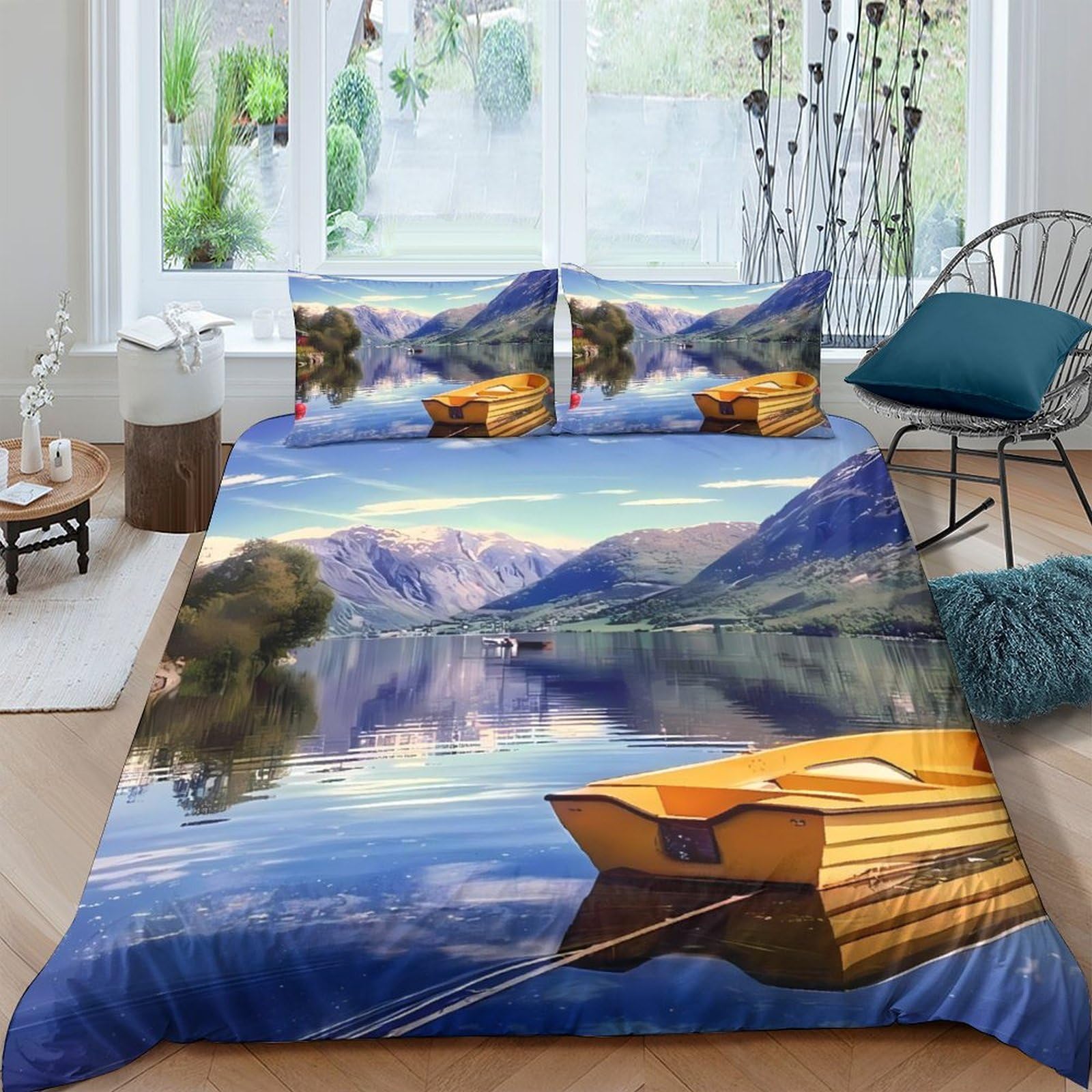 Ctjqhvkz Style-6 3D Printed Lake Mountain Fitted Sheet Microfiber Scenic Boat Mattress Cover Bedroom Dorm Room Decor Easy Care Single（135X200cm）