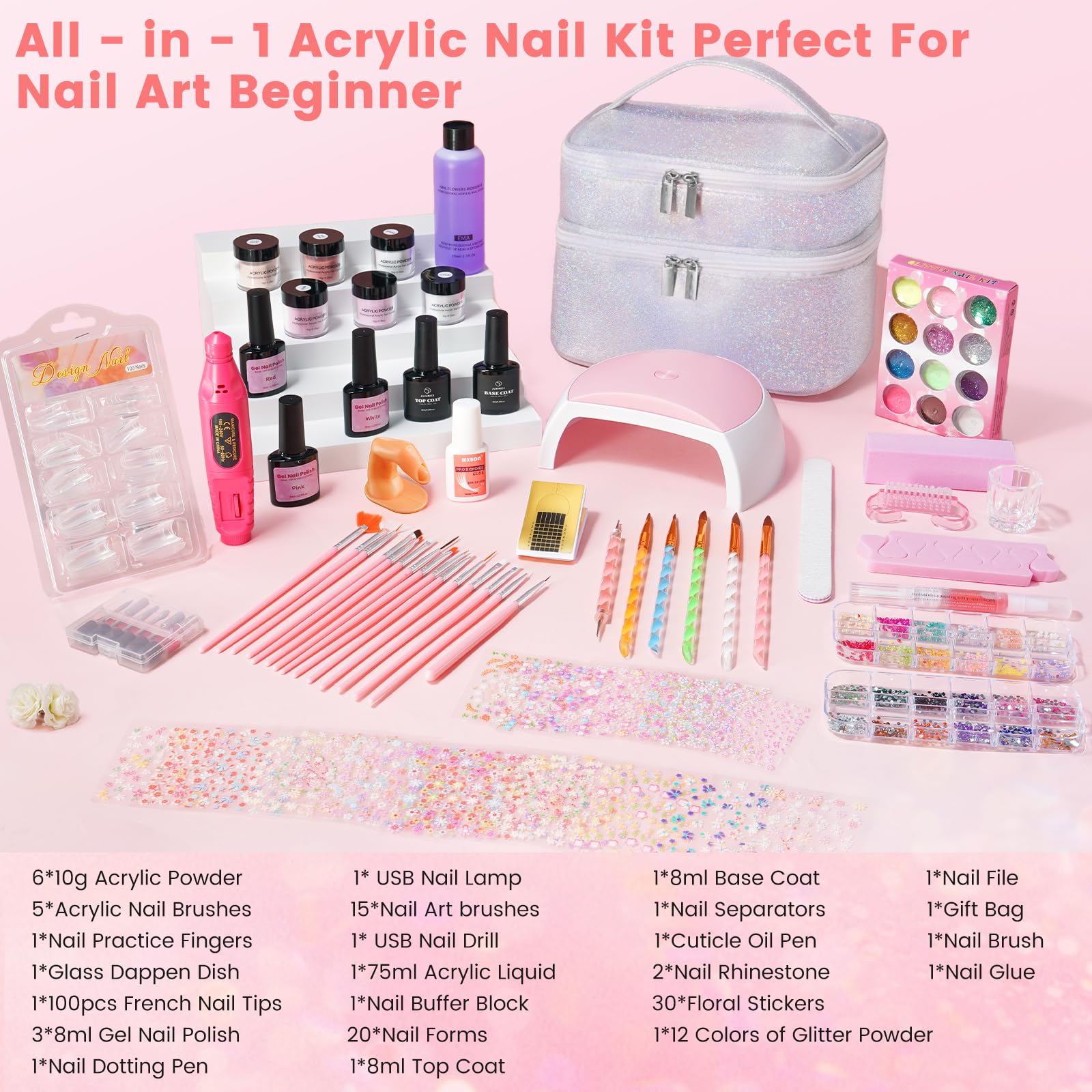 Deciniee Kit per unghie acriliche: set di polveri acriliche con lampada UV/trapano elettrico per unghie/false punte manicure set completo di strumenti in sacchetto regalo bianco