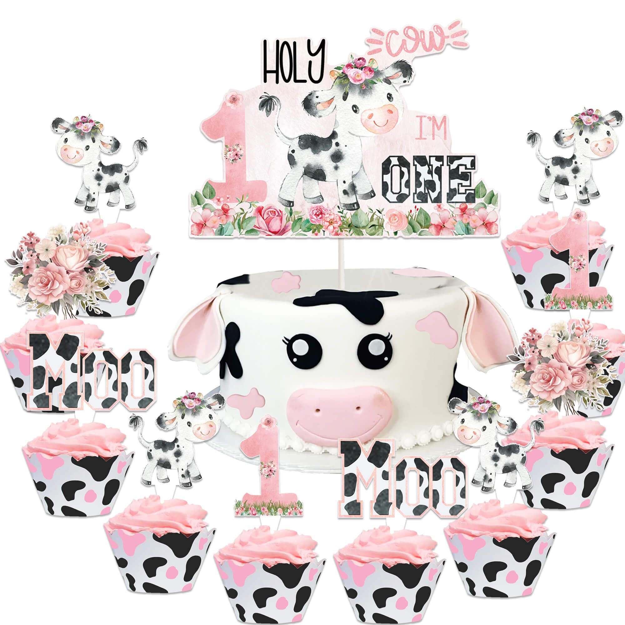 31 Pcs Holy Cow I'm One Birthday Cupcake Topper Pink Cow One Year Old Cake Cupcake Topper for Farm Animals Cow Theme Baby Shower 1st Birthday Party Cake Decorations Supplies