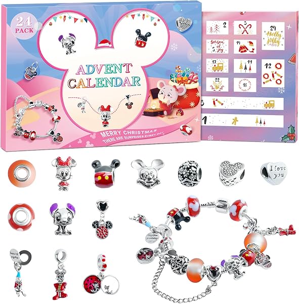 Schmuck Adventskalender 2024, MiQi Weihnachten Adventskalender Mädchen Kinder 24 Tage Weihnachtskalender Charm Armband Kit Weihnachtscountdown Geburtstagsgeschenke Überraschungsgeschenk - 1