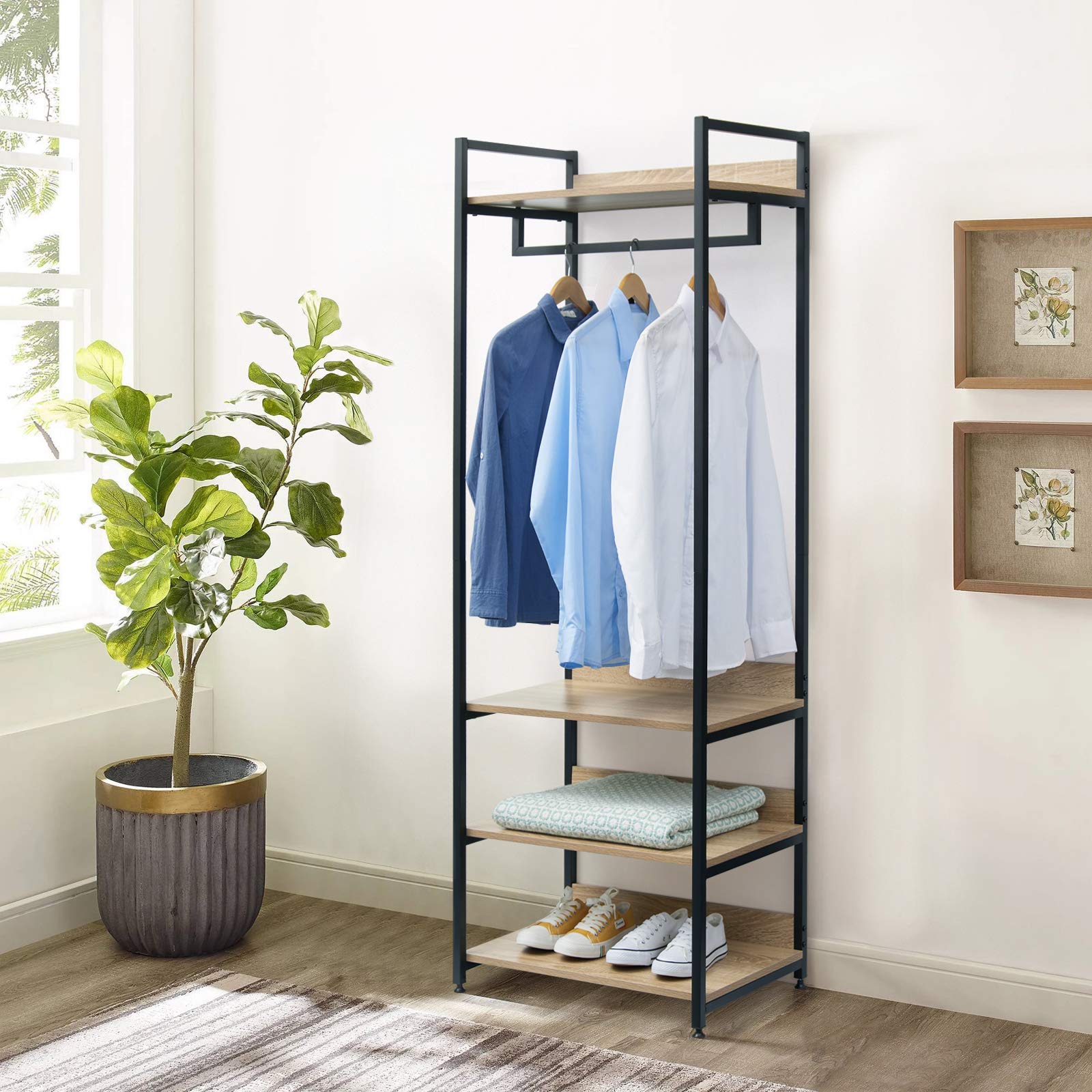 WOLTU Porte-Manteau Meuble pour Vêtements avec un Tringle et 4 Étagères de Rangement en Bois et Acier, Penderie Ouverte pour Salon, Chambre Chêne clair + Noir